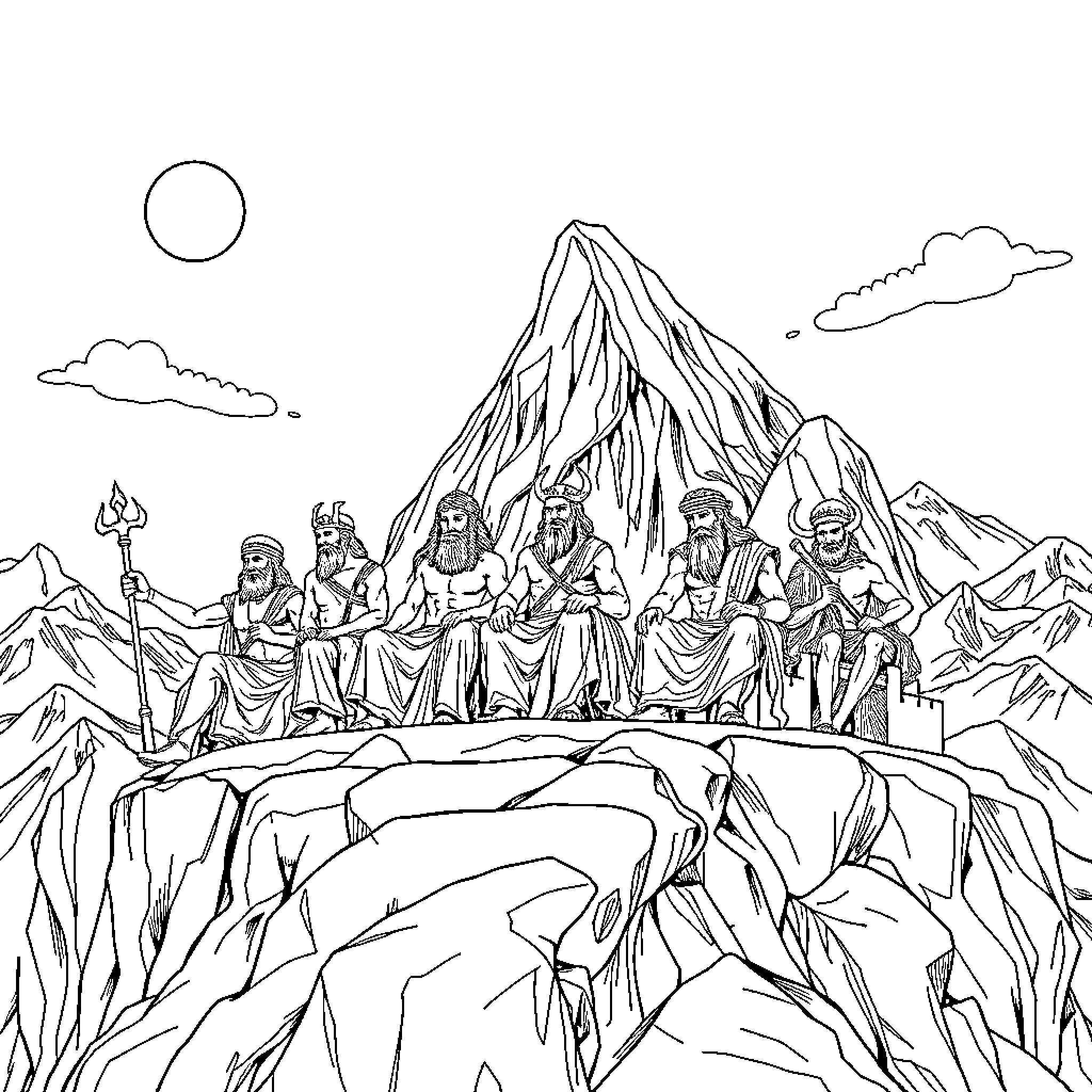 God's council on the mountain summit Coloring Page (free black-and-white line drawing printable PDF for all, from beginners to advanced learners, including children, teens, adults, and seniors)