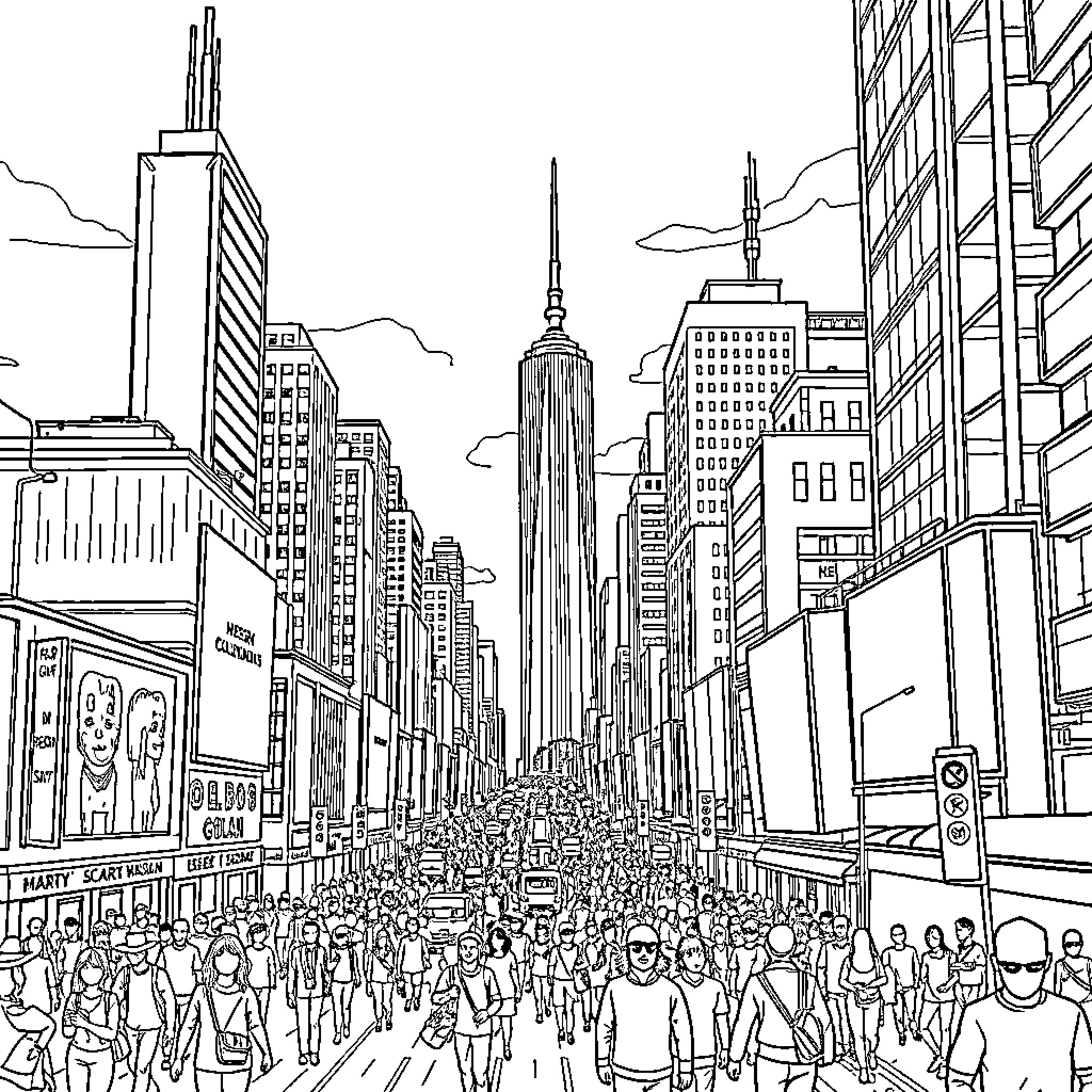 City Bustling with Crowds and Skyscrapers Coloring Page (free black-and-white line drawing printable PDF for all, from beginners to advanced learners, including children, teens, adults, and seniors)
