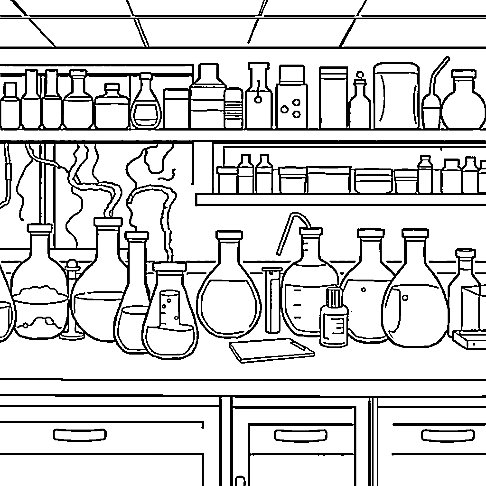 Science Lab with Assorted Glassware and Equipment Coloring Page (free black-and-white line drawing printable PDF for all, from beginners to advanced learners, including children, teens, adults, and seniors)