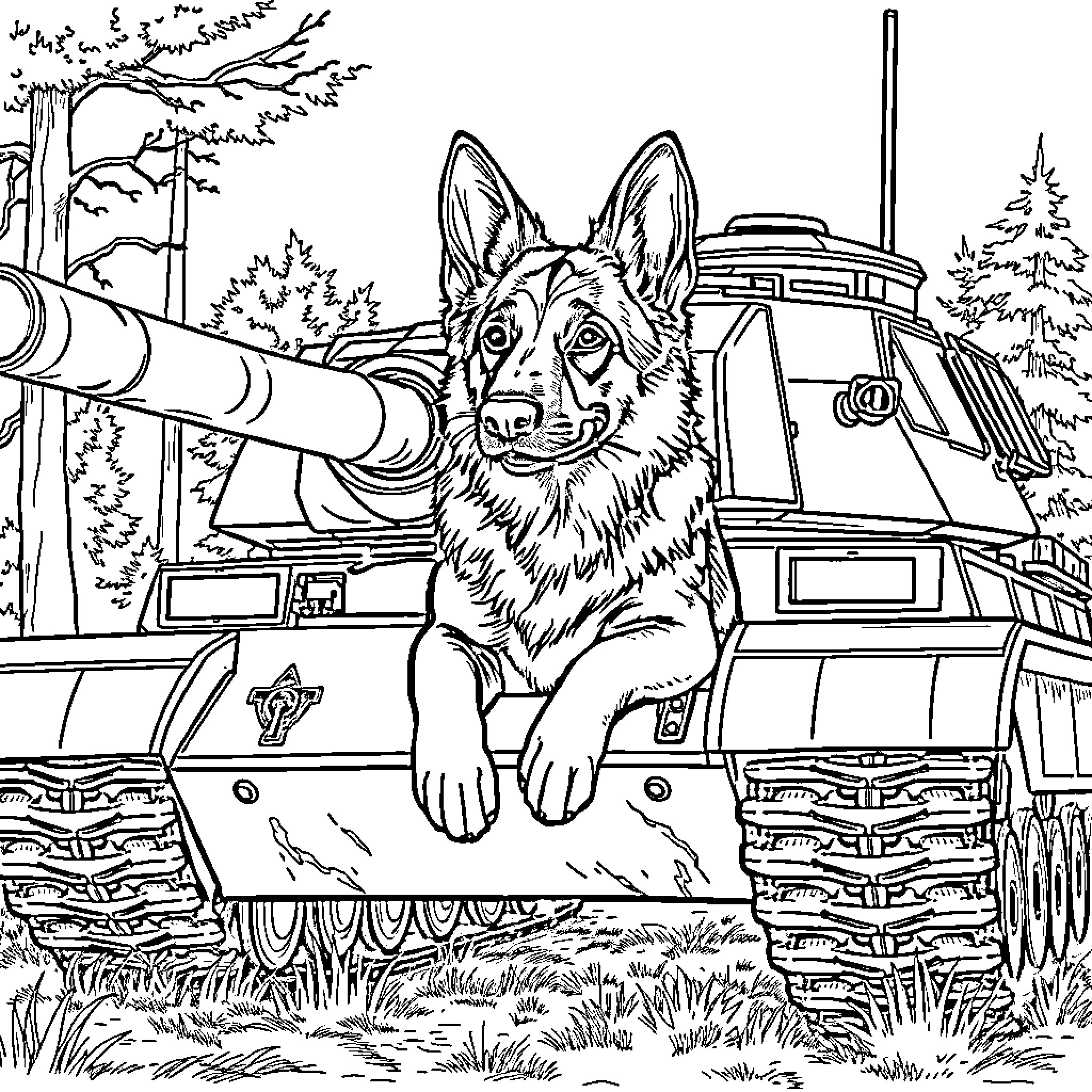 German Shepherd on a military vehicle in the forest Coloring Page (free black-and-white line drawing printable PDF for all, from beginners to advanced learners, including children, teens, adults, and seniors)