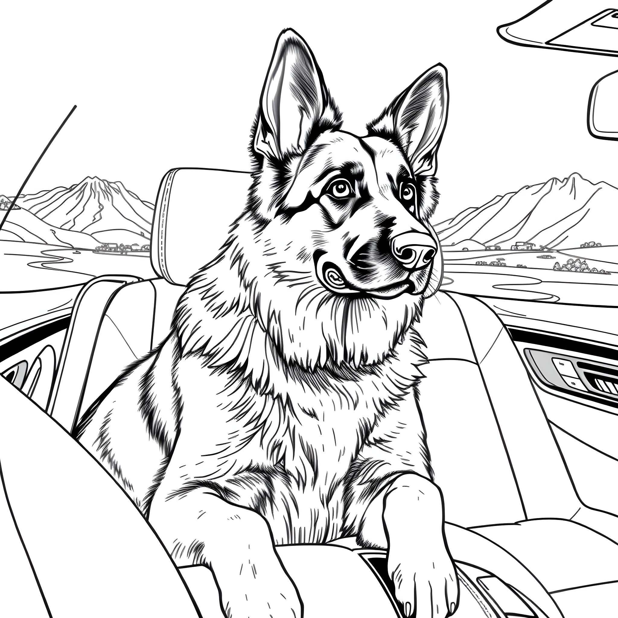 German Shepherd riding in a car with scenic mountain view Coloring Page (free black-and-white line drawing printable PDF for all, from beginners to advanced learners, including children, teens, adults, and seniors)