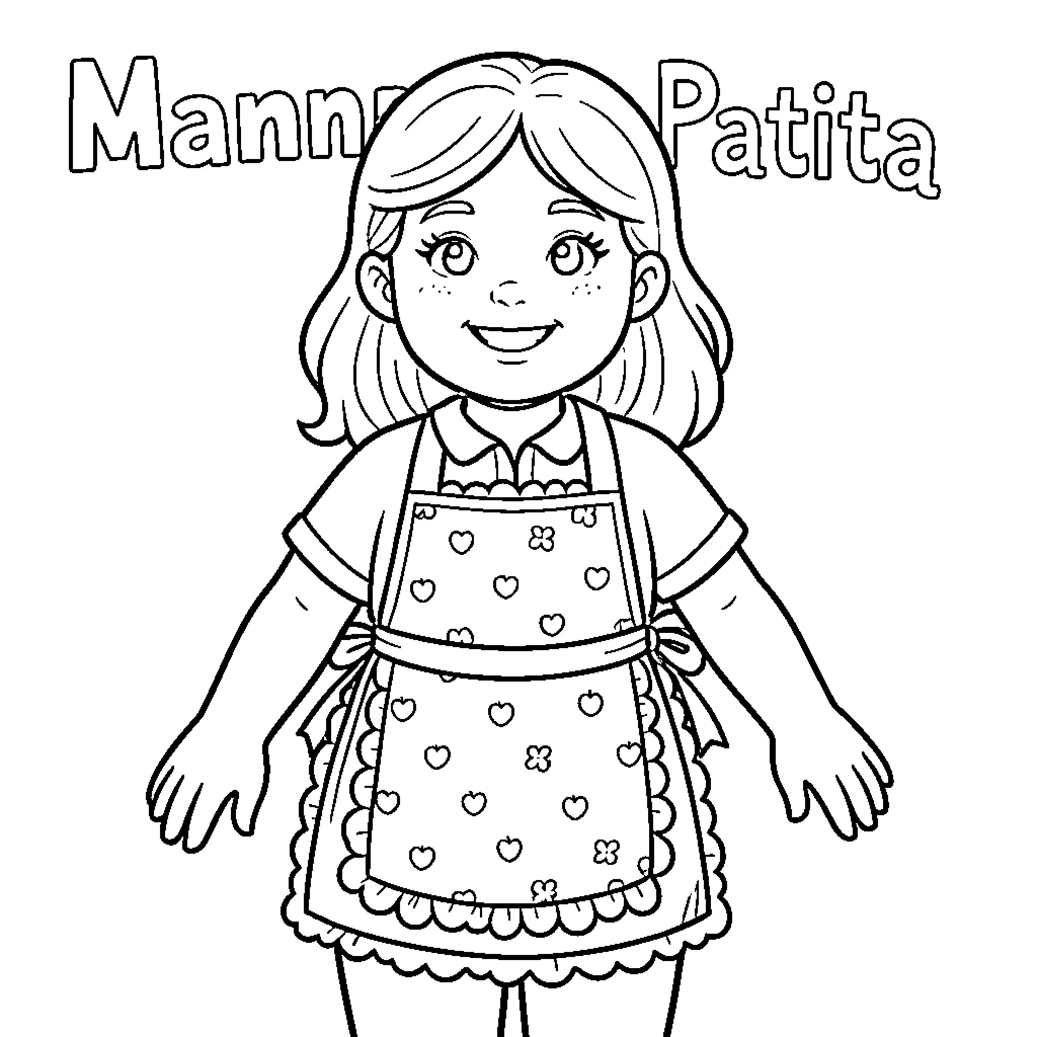 Mama Patita smiling in a decorated apron Coloring Page (free black-and-white line drawing printable PDF for all, from beginners to advanced learners, including children, teens, adults, and seniors)
