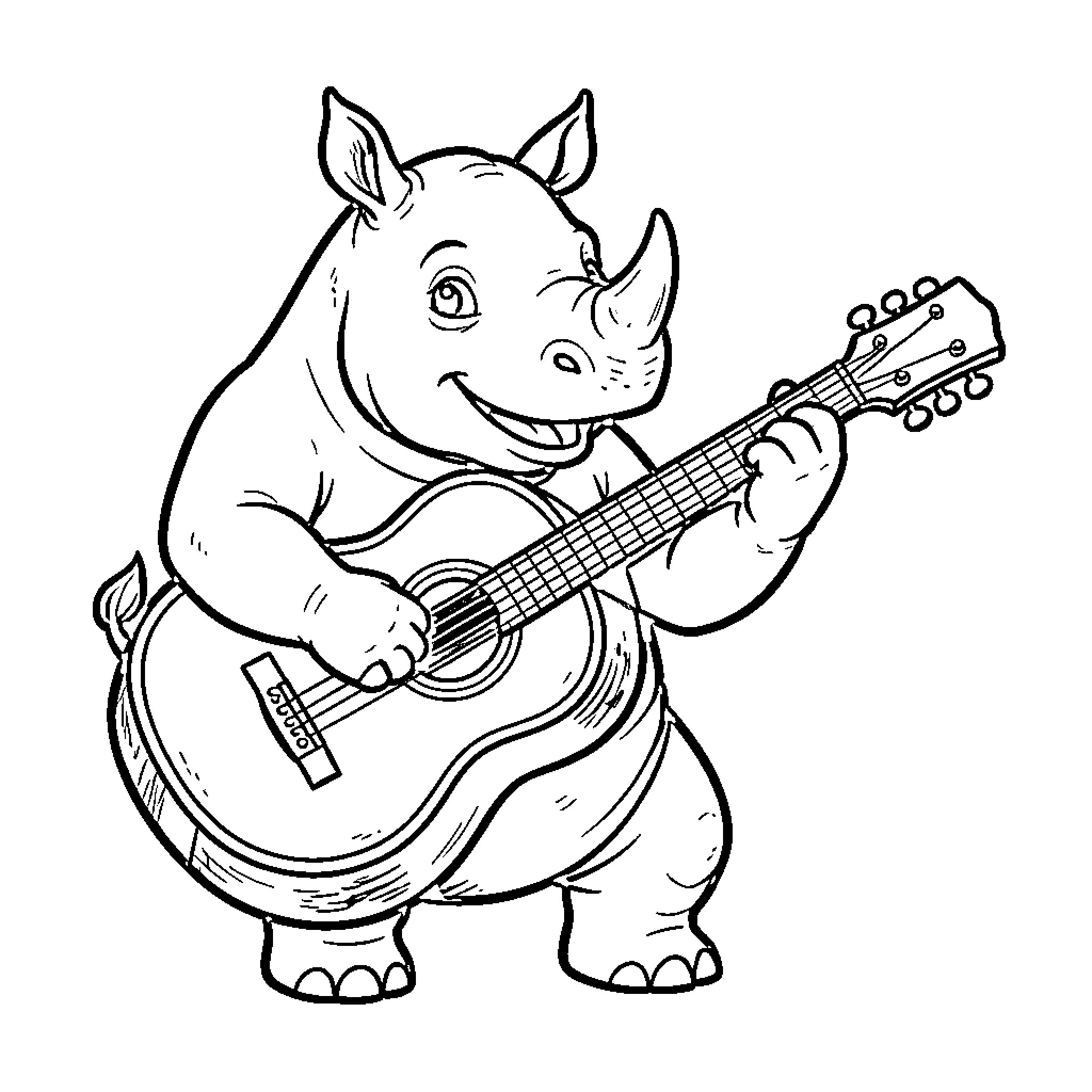 Rhino playing guitar cheerfully Coloring Page (free black-and-white line drawing printable PDF for all, from beginners to advanced learners, including children, teens, adults, and seniors)