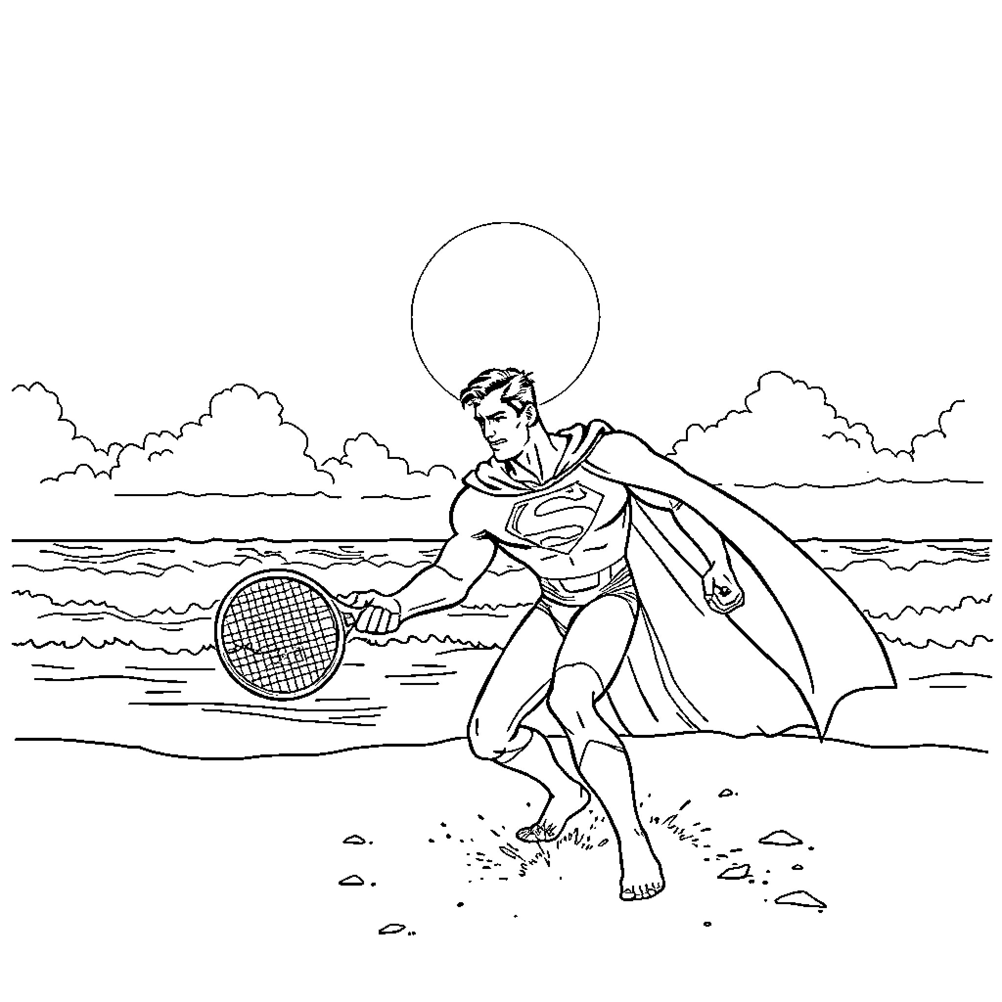 Superman playing tennis in the ocean Coloring Page (free black-and-white line drawing printable PDF for all, from beginners to advanced learners, including children, teens, adults, and seniors)