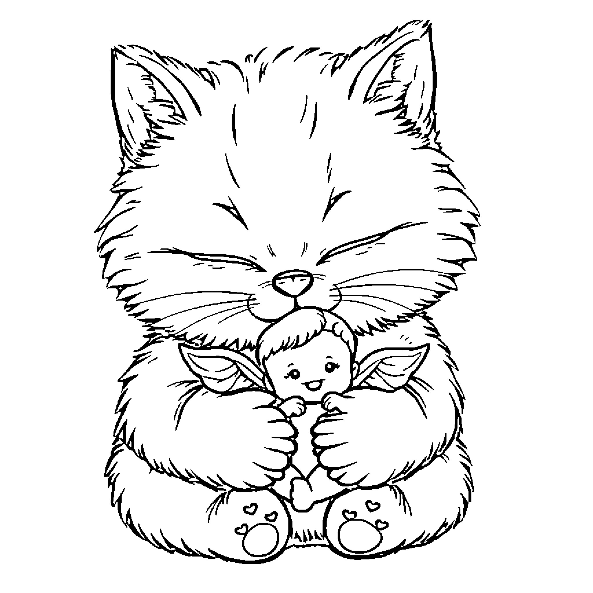 Cat cuddling a baby doll affectionately Coloring Page (free black-and-white line drawing printable PDF for all, from beginners to advanced learners, including children, teens, adults, and seniors)