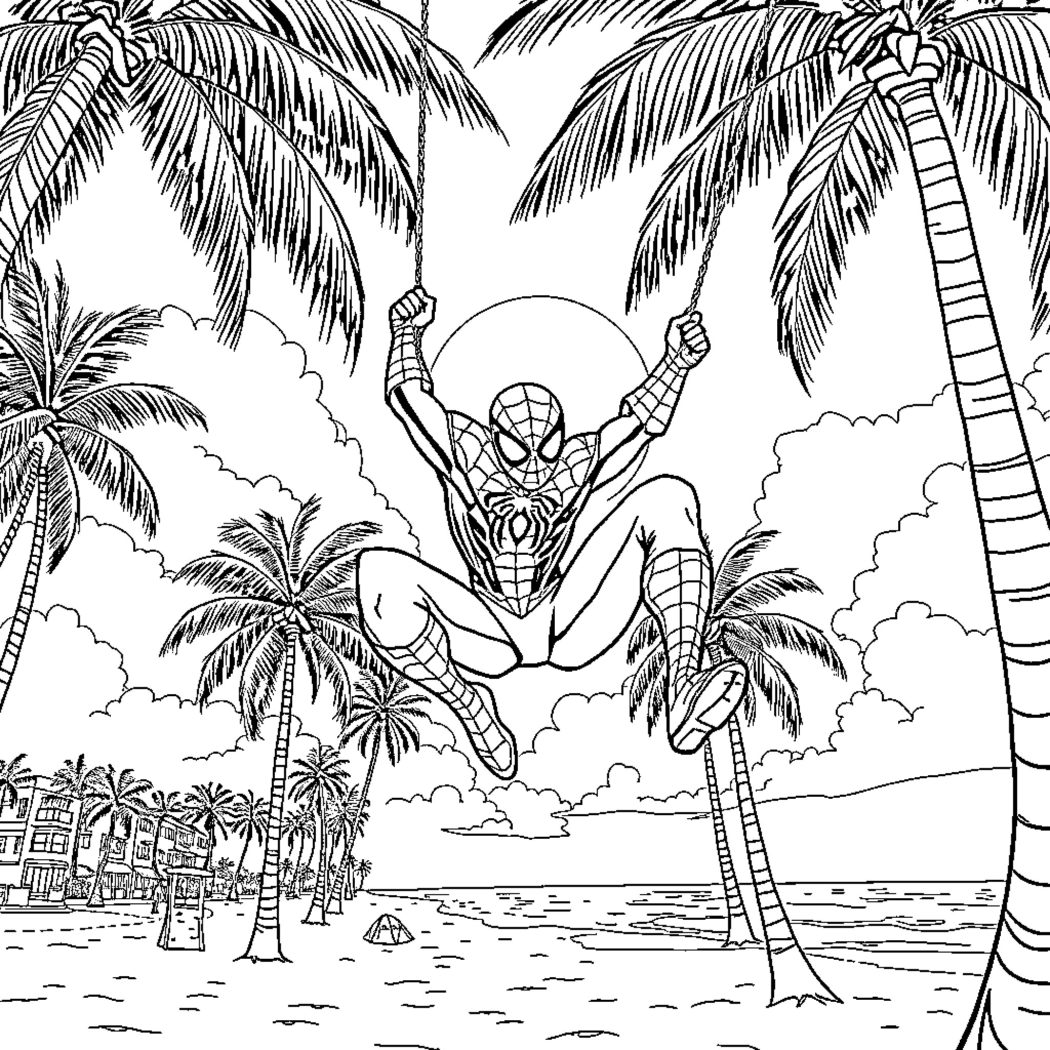 Spiderman swinging through a tropical paradise Coloring Page (free black-and-white line drawing printable PDF for all, from beginners to advanced learners, including children, teens, adults, and seniors)