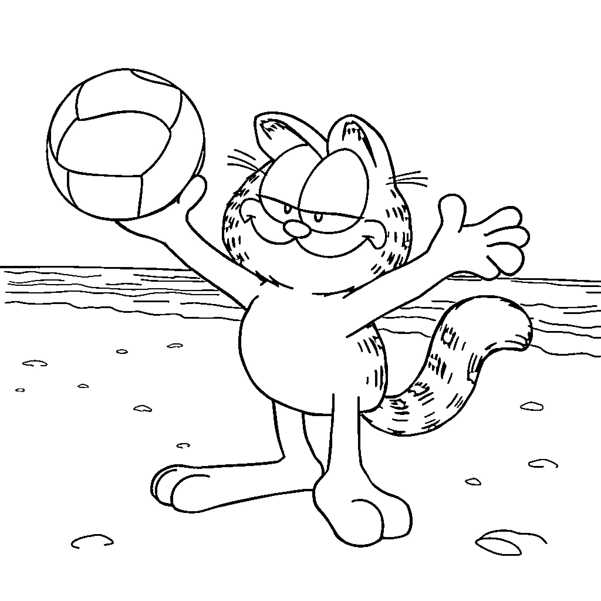 Garfield playing with beach ball on the shore Coloring Page (free black-and-white line drawing printable PDF for all, from beginners to advanced learners, including children, teens, adults, and seniors)