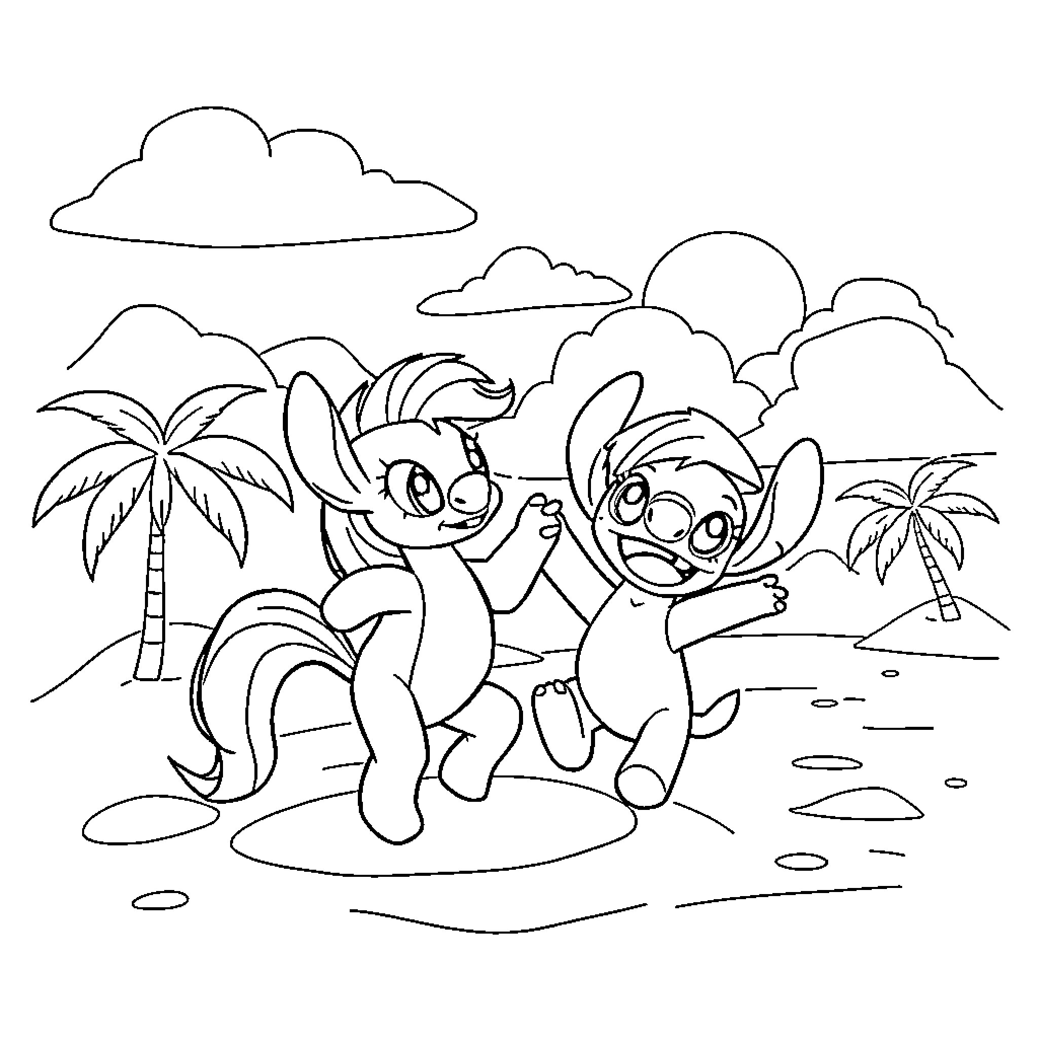 Ponies enjoying the beach on a sunny day Coloring Page (free black-and-white line drawing printable PDF for all, from beginners to advanced learners, including children, teens, adults, and seniors)