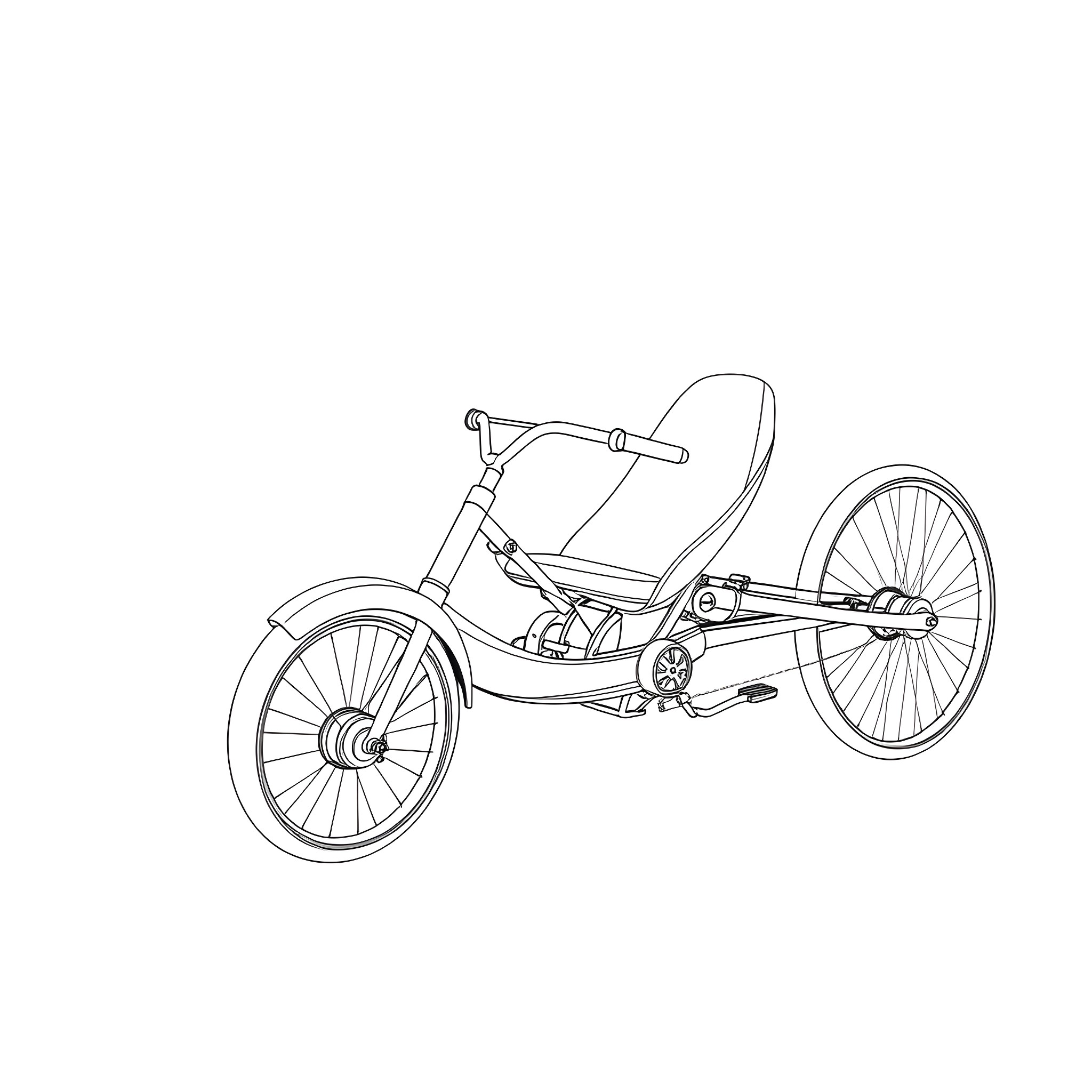 Trike with unique frame design Coloring Page (free black-and-white line drawing printable PDF for all, from beginners to advanced learners, including children, teens, adults, and seniors)