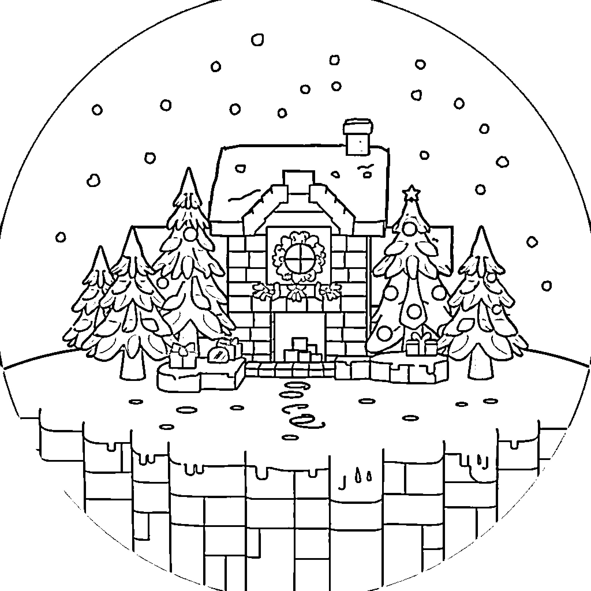 Minecraft winter scene with Christmas decorations Coloring Page (free black-and-white line drawing printable PDF for all, from beginners to advanced learners, including children, teens, adults, and seniors)