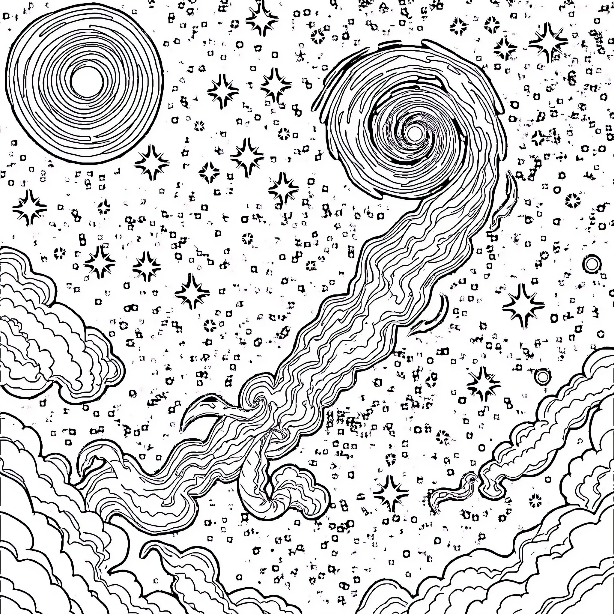 Galaxy of Cosmic Swirls and Celestial Wonders Coloring Page (free black-and-white line drawing printable PDF for all, from beginners to advanced learners, including children, teens, adults, and seniors)