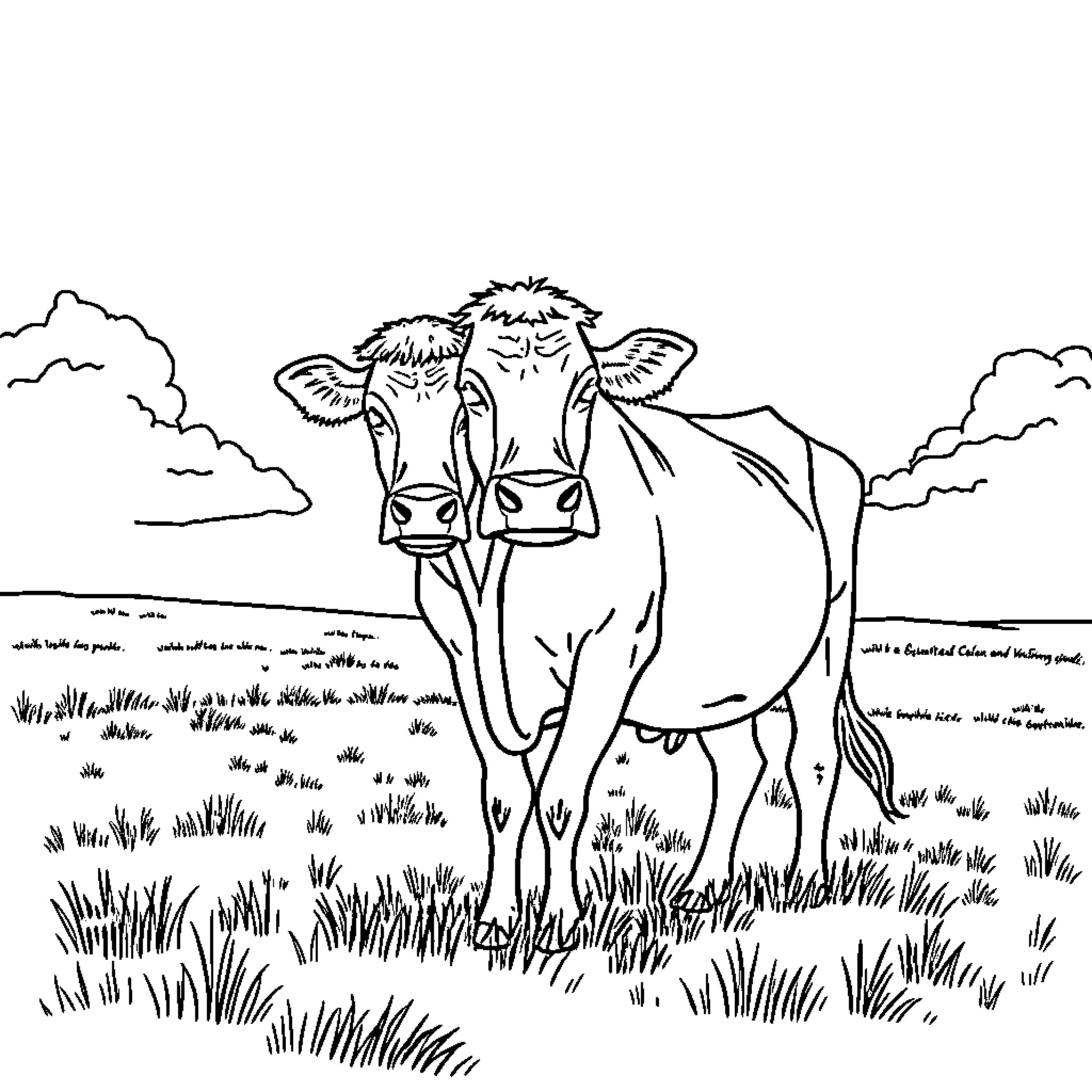 Cow enjoying peaceful pasture in the countryside Coloring Page (free black-and-white line drawing printable PDF for all, from beginners to advanced learners, including children, teens, adults, and seniors)