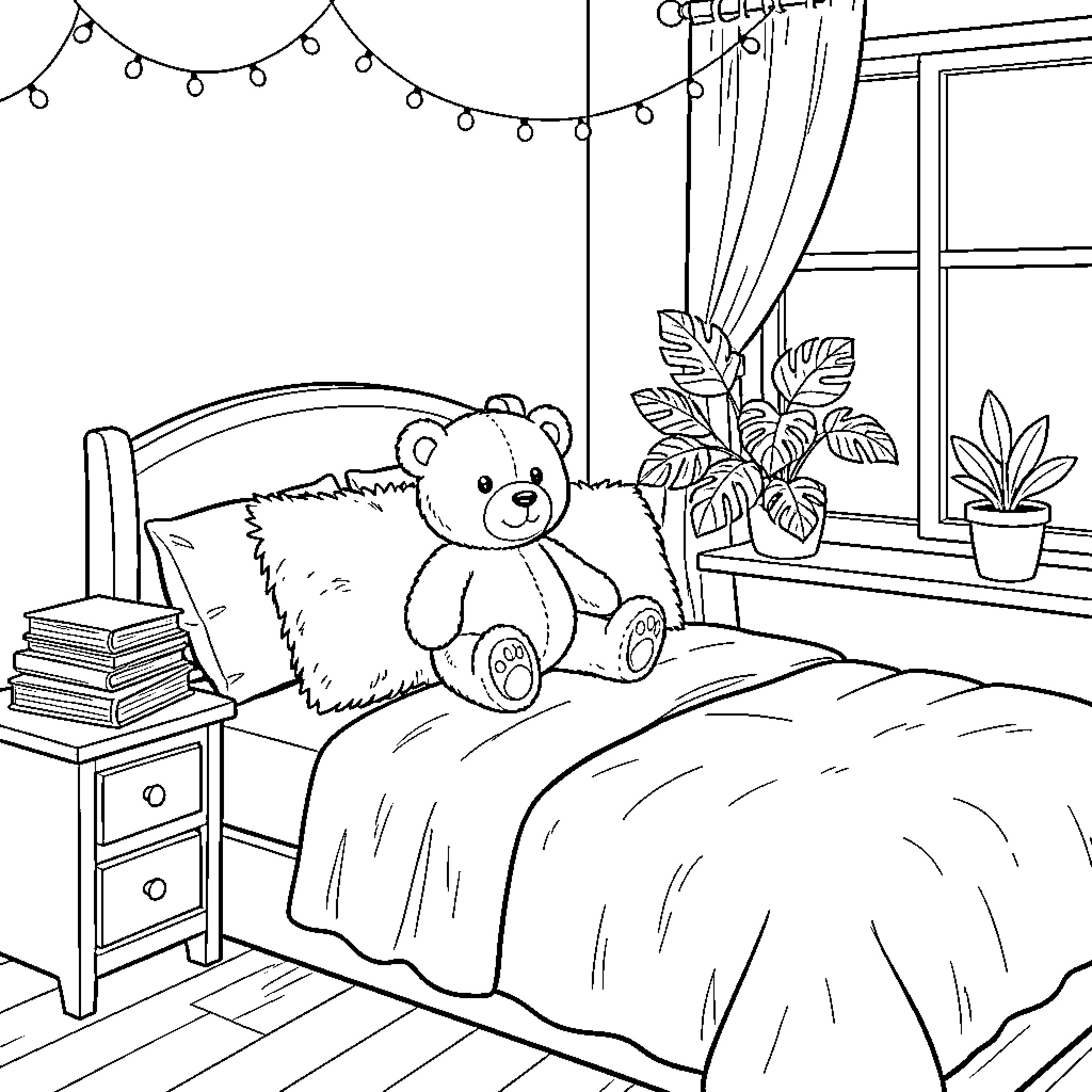 Bedroom with a teddy bear sitting on the bed Coloring Page (free black-and-white line drawing printable PDF for all, from beginners to advanced learners, including children, teens, adults, and seniors)
