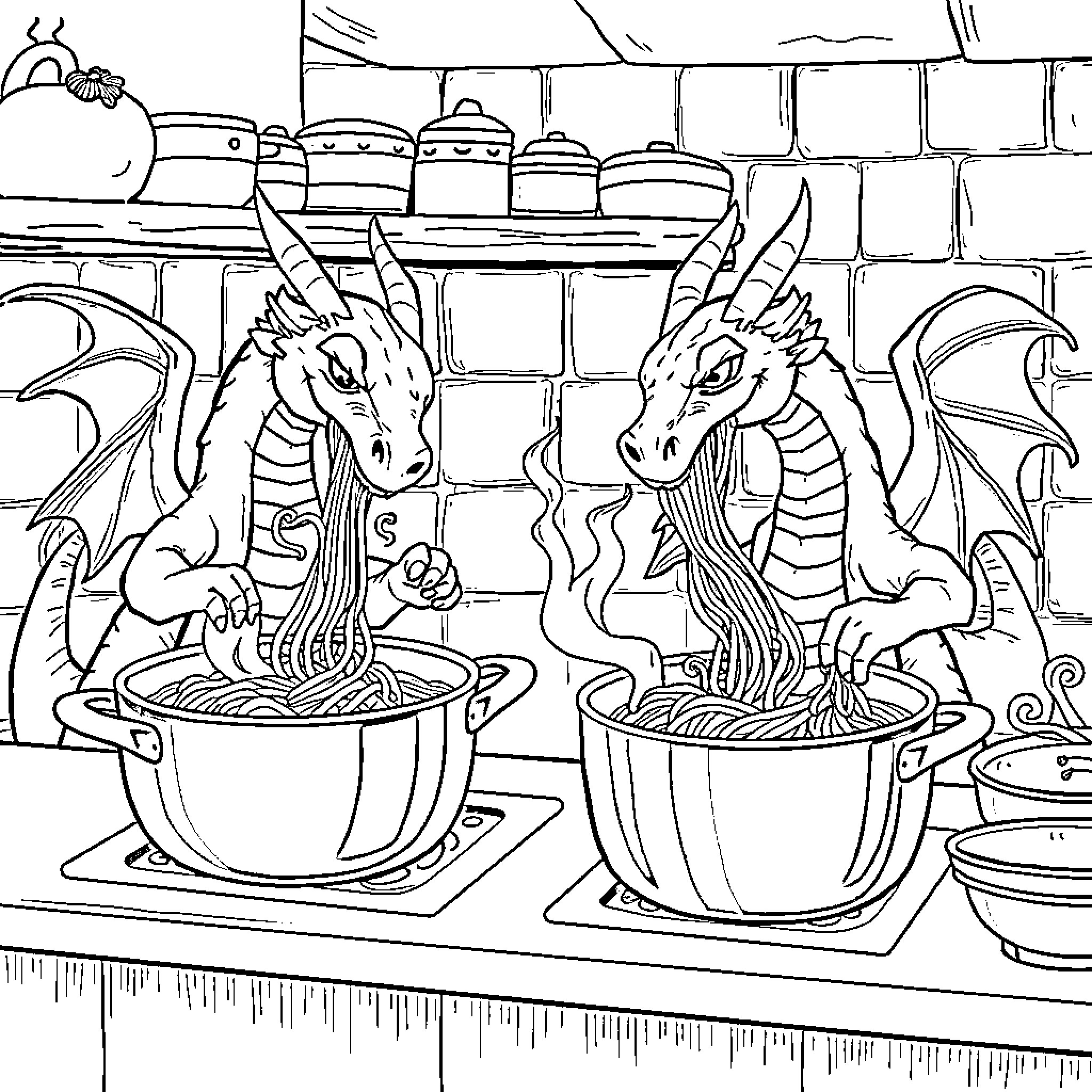 Dragon chefs cooking magical dishes in the kitchen Coloring Page (free black-and-white line drawing printable PDF for all, from beginners to advanced learners, including children, teens, adults, and seniors)
