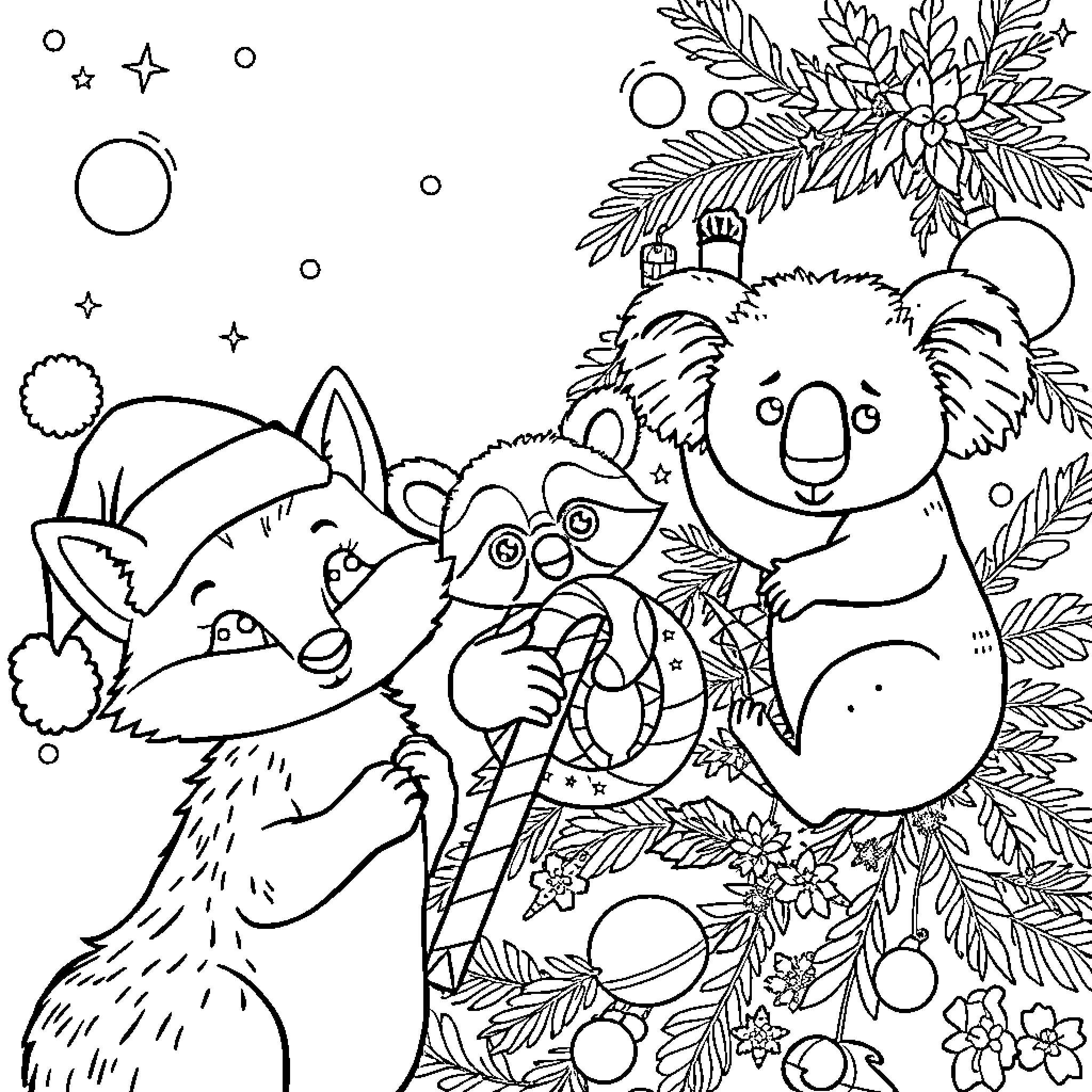 Fox and Koala Decorating Christmas Tree with Ornaments Coloring Page (free black-and-white line drawing printable PDF for all, from beginners to advanced learners, including children, teens, adults, and seniors)