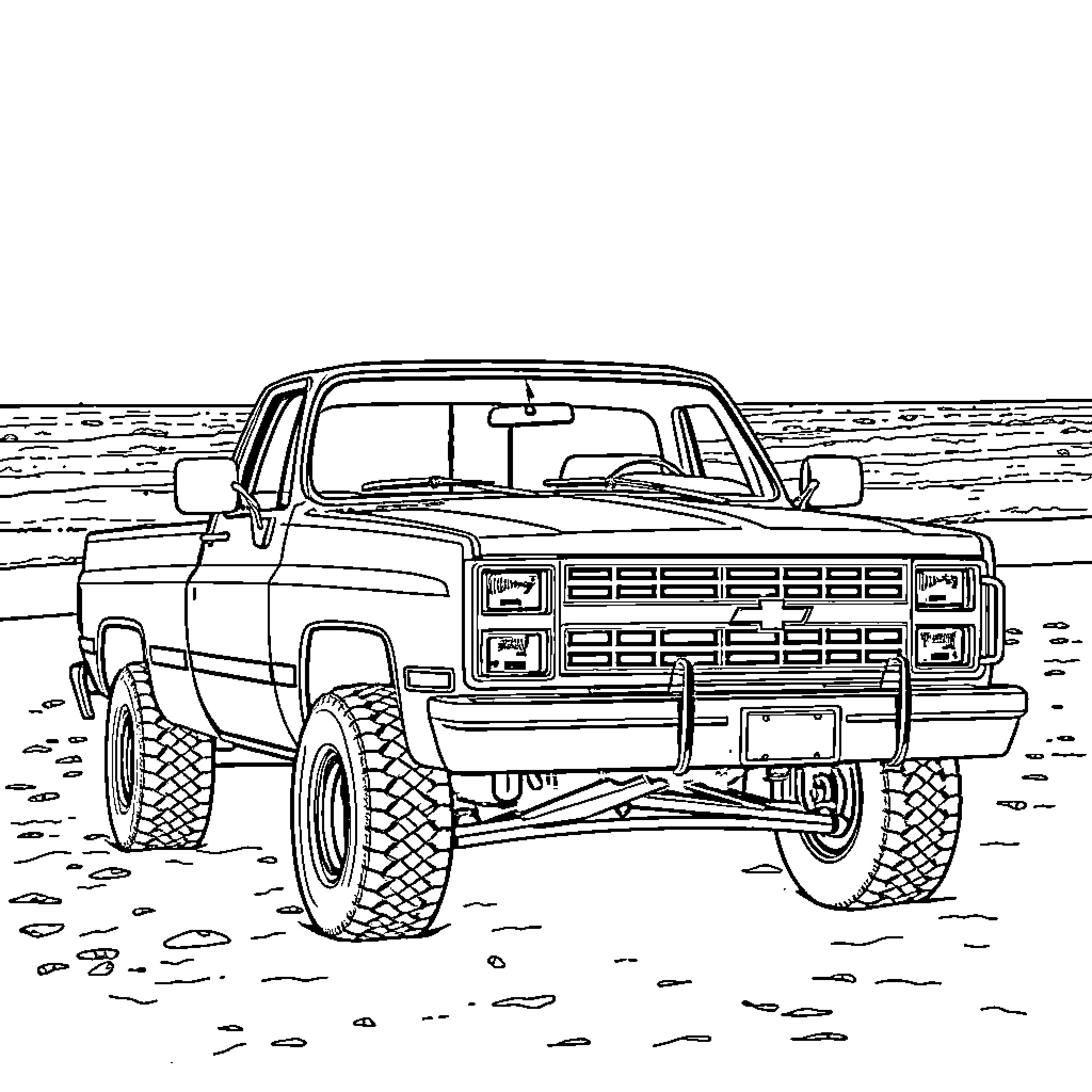 Silverado Truck in Rugged Outdoor Setting Coloring Page (free black-and-white line drawing printable PDF for all, from beginners to advanced learners, including children, teens, adults, and seniors)