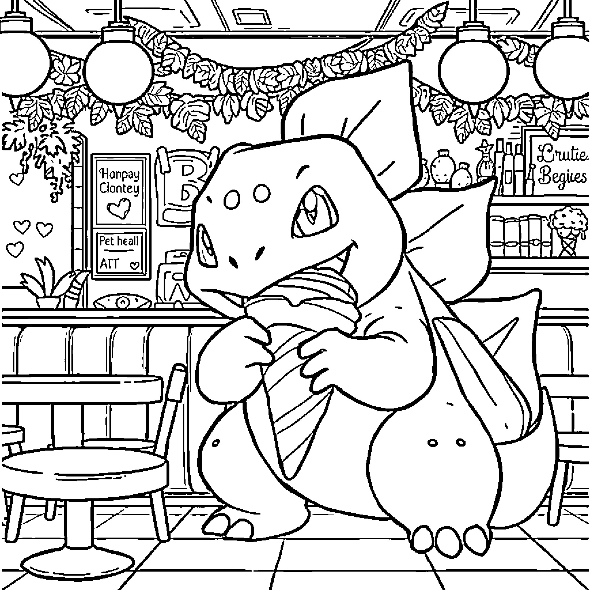 Ivysaur exploring a cozy bookstore Coloring Page (free black-and-white line drawing printable PDF for all, from beginners to advanced learners, including children, teens, adults, and seniors)