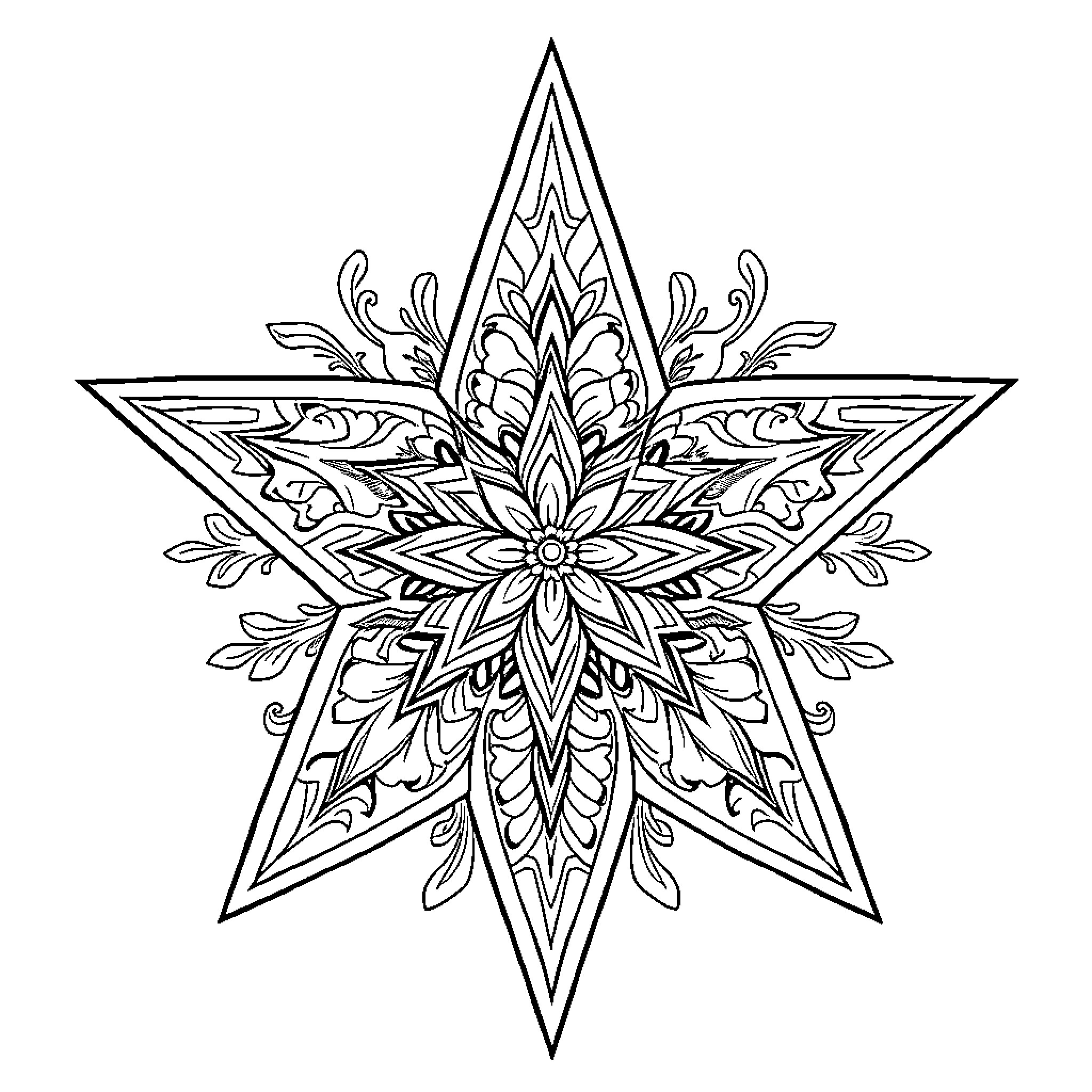 Star Shaped Geometric Mandala Pattern Coloring Page (free black-and-white line drawing printable PDF for all, from beginners to advanced learners, including children, teens, adults, and seniors)