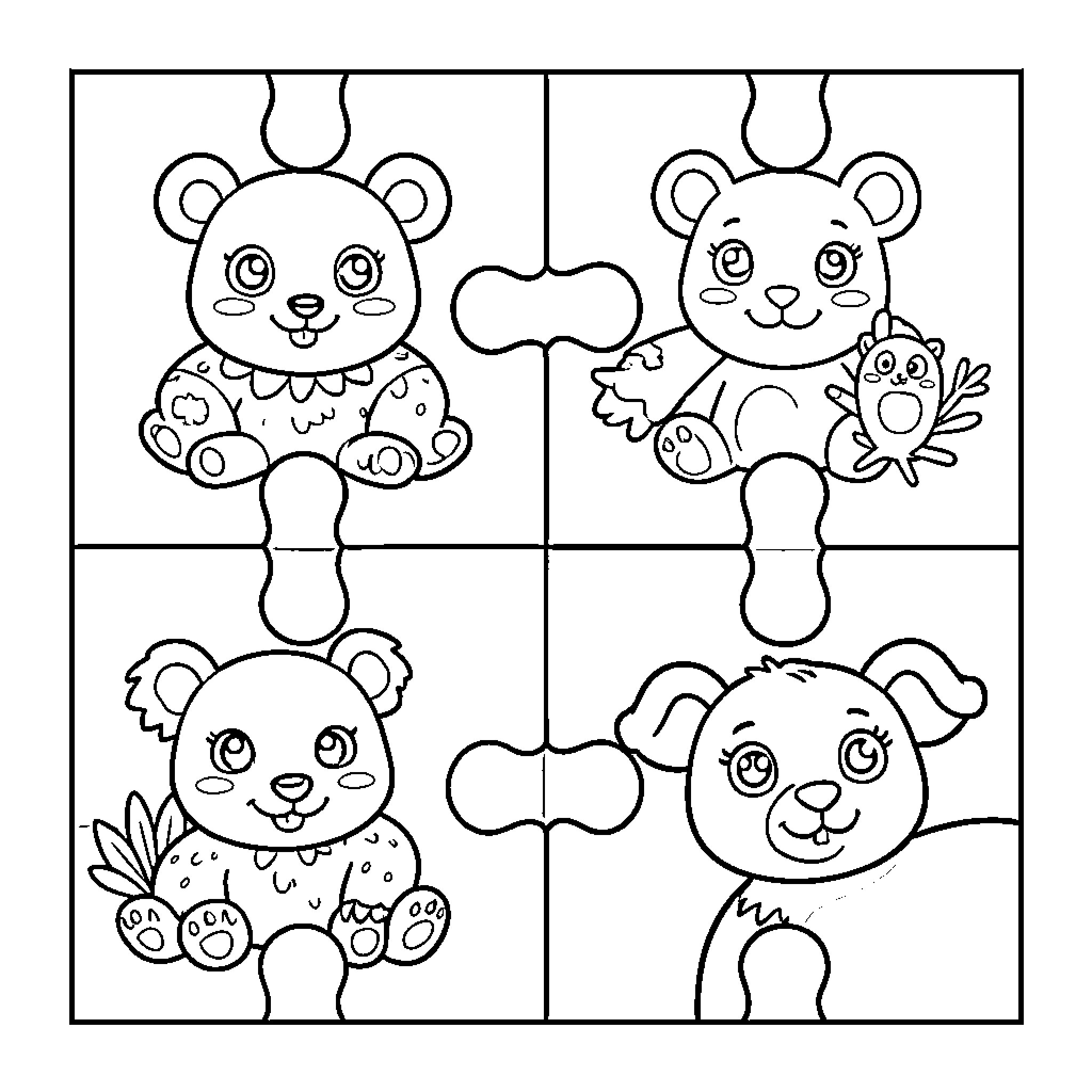 Puzzle of Playful Panda Plushies Coloring Page (free black-and-white line drawing printable PDF for all, from beginners to advanced learners, including children, teens, adults, and seniors)