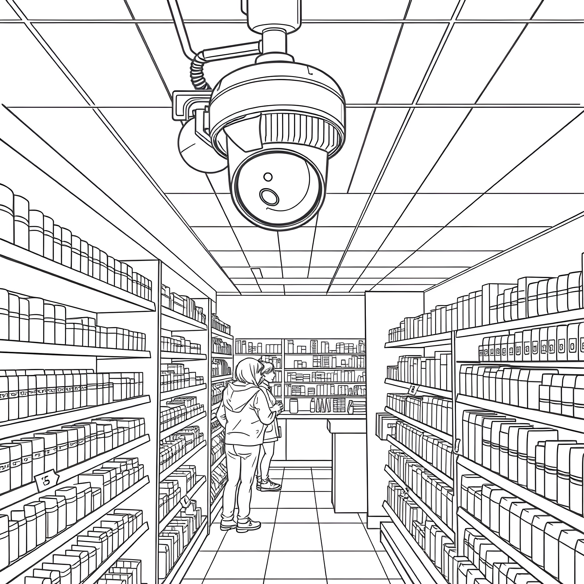Security Camera Monitoring a Retail Store Aisle Coloring Page (free black-and-white line drawing printable PDF for all, from beginners to advanced learners, including children, teens, adults, and seniors)