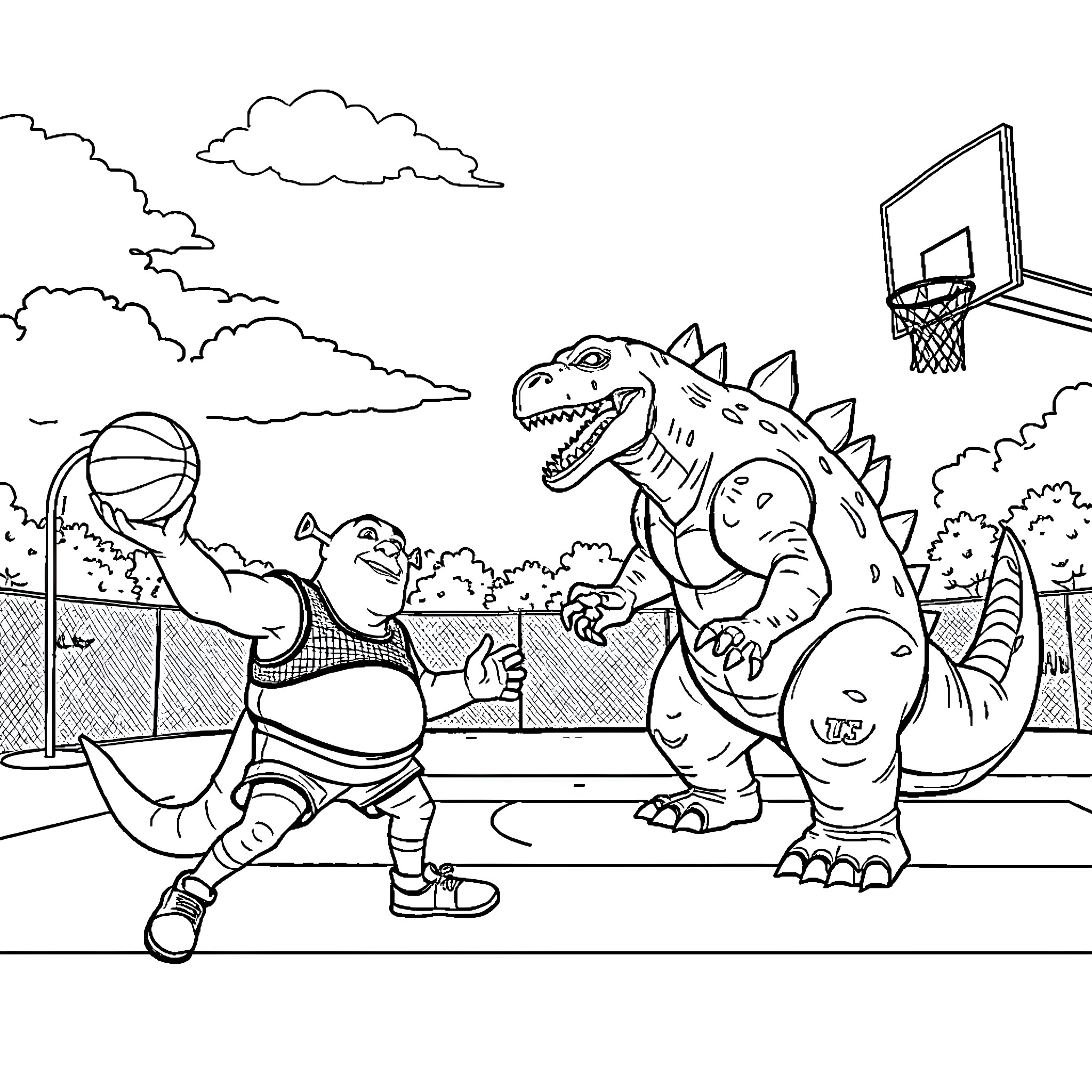 Shrek and Donkey play basketball with a Dinosaur Coloring Page (free black-and-white line drawing printable PDF for all, from beginners to advanced learners, including children, teens, adults, and seniors)