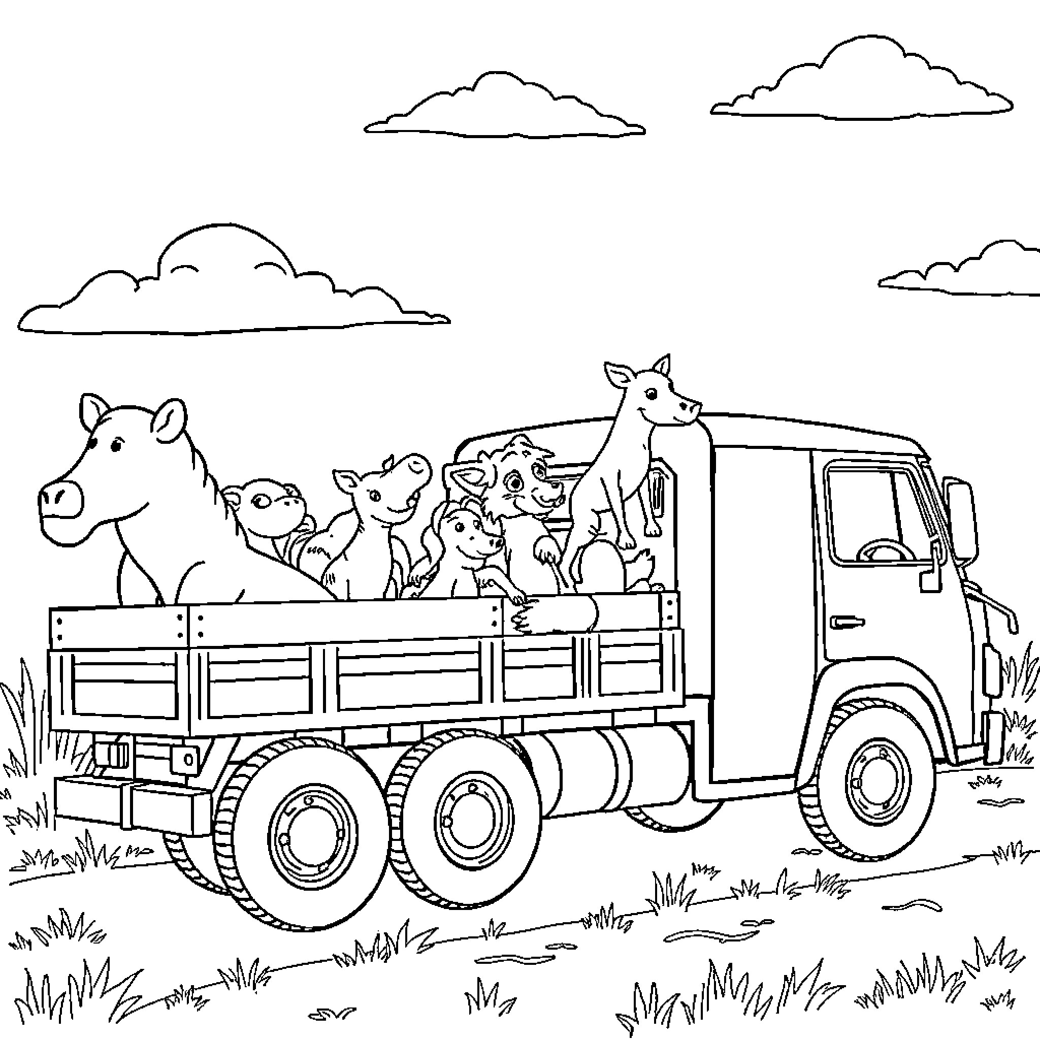 Truck transporting happy farm animals Coloring Page (free black-and-white line drawing printable PDF for all, from beginners to advanced learners, including children, teens, adults, and seniors)