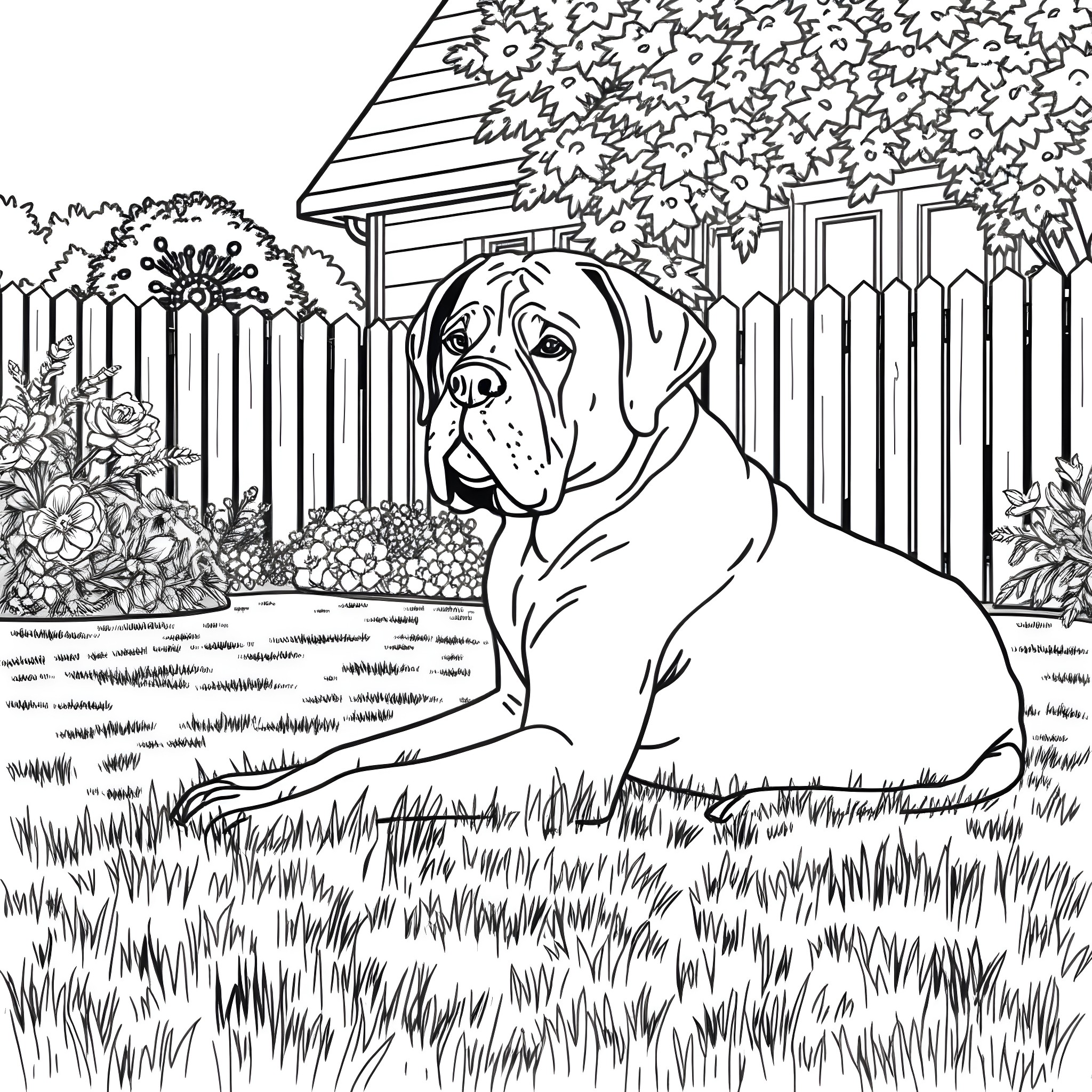 Mastiff guarding the backyard Coloring Page (free black-and-white line drawing printable PDF for all, from beginners to advanced learners, including children, teens, adults, and seniors)