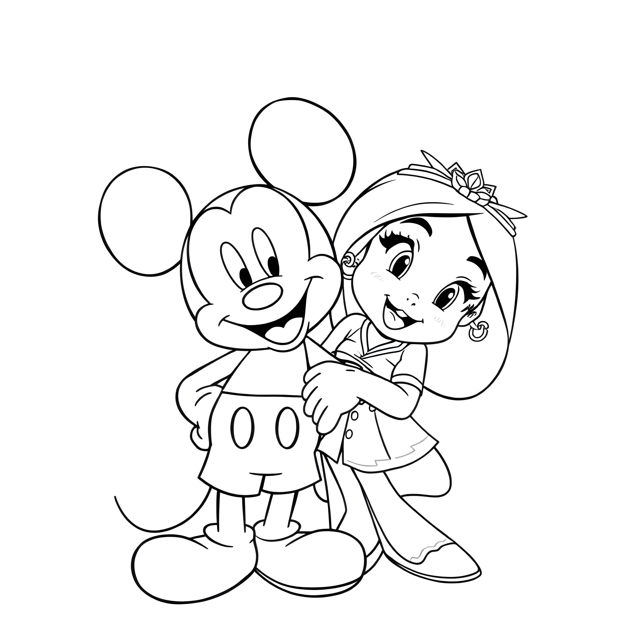 Mickey and Mulan exploring together Coloring Page (free black-and-white line drawing printable PDF for all, from beginners to advanced learners, including children, teens, adults, and seniors)