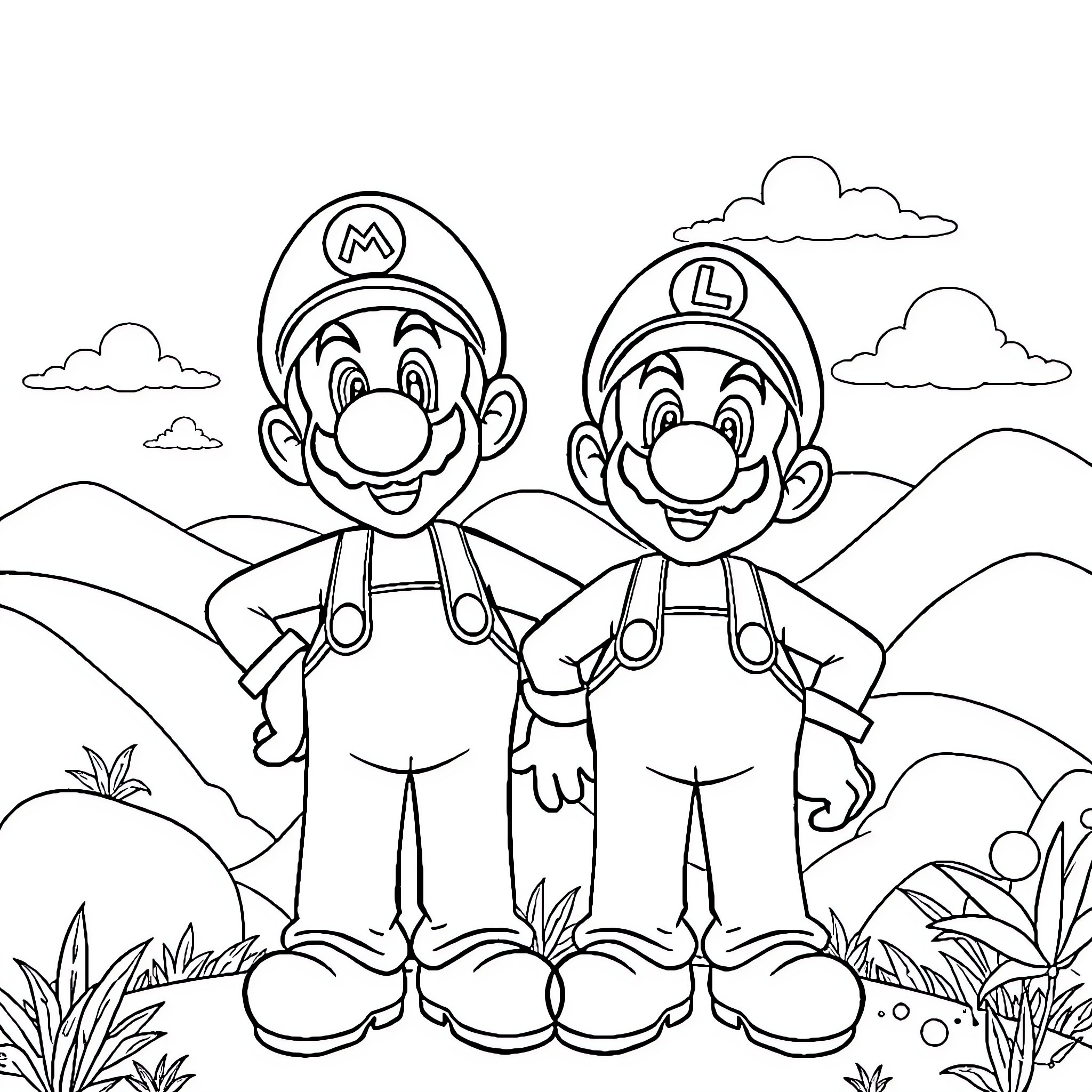 Mario and Luigi on an Adventure Coloring Page (free black-and-white line drawing printable PDF for all, from beginners to advanced learners, including children, teens, adults, and seniors)