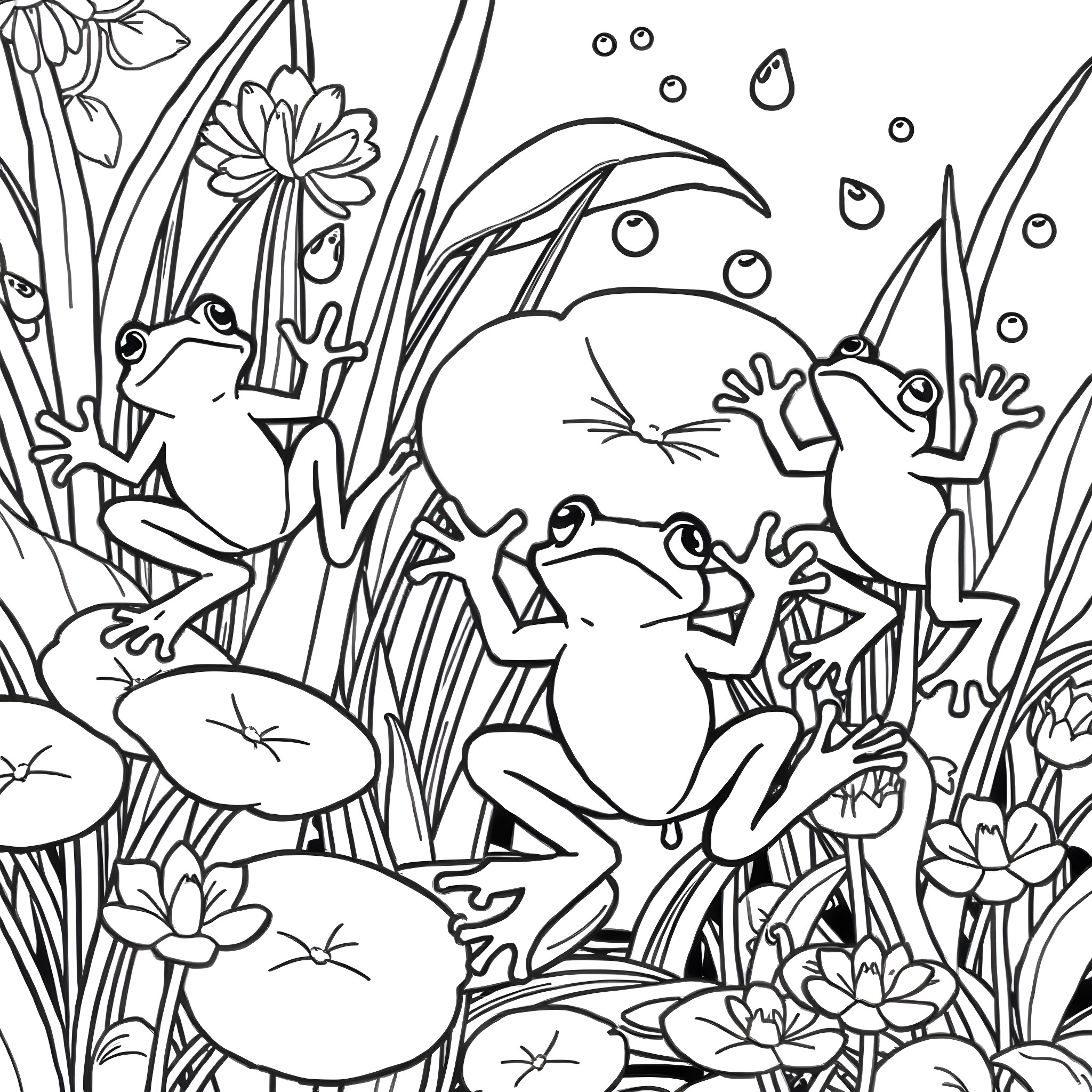 Frog friends exploring the aquatic garden Coloring Page (free black-and-white line drawing printable PDF for all, from beginners to advanced learners, including children, teens, adults, and seniors)
