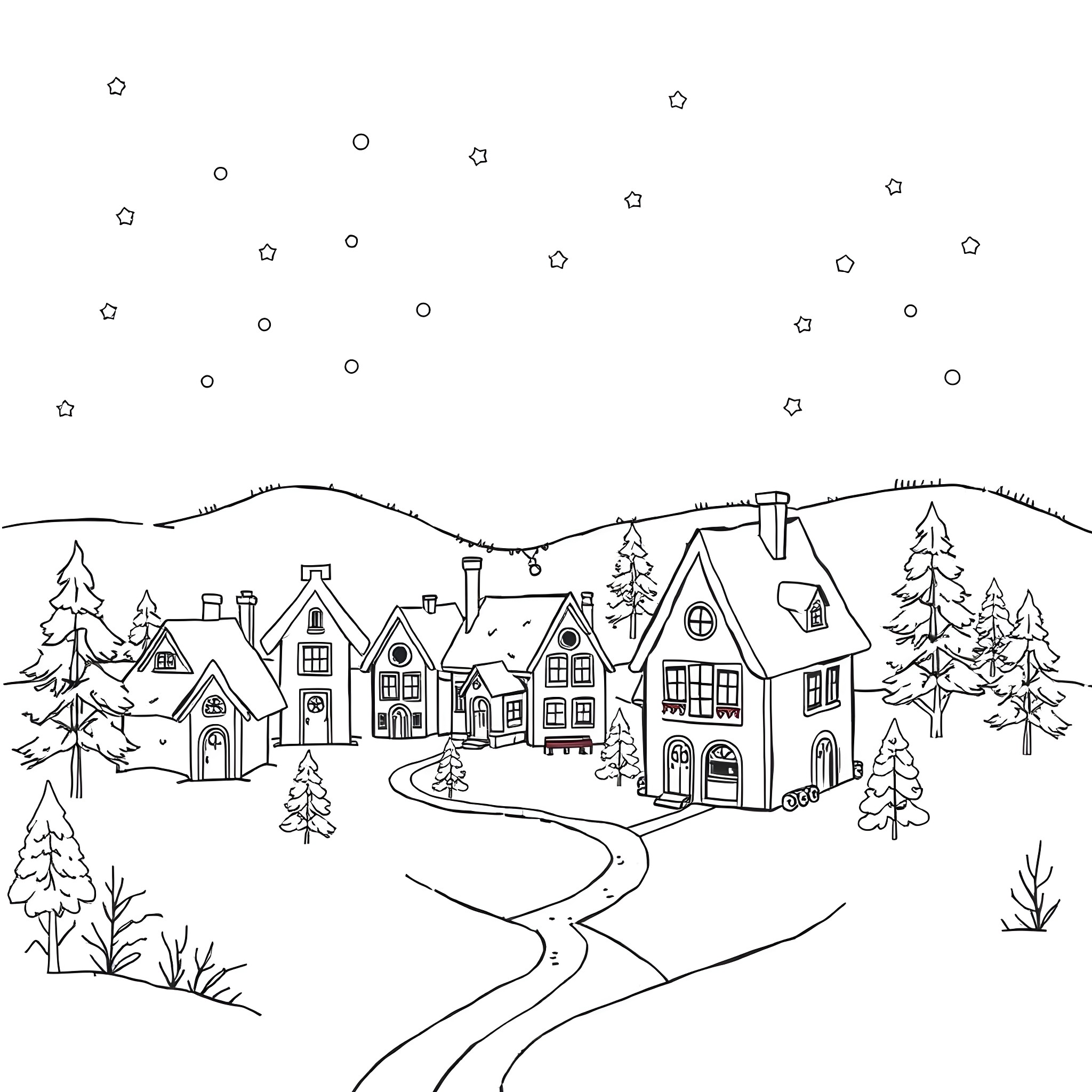 Christmas Village with Snowy Cottages and Homes Coloring Page (free black-and-white line drawing printable PDF for all, from beginners to advanced learners, including children, teens, adults, and seniors)