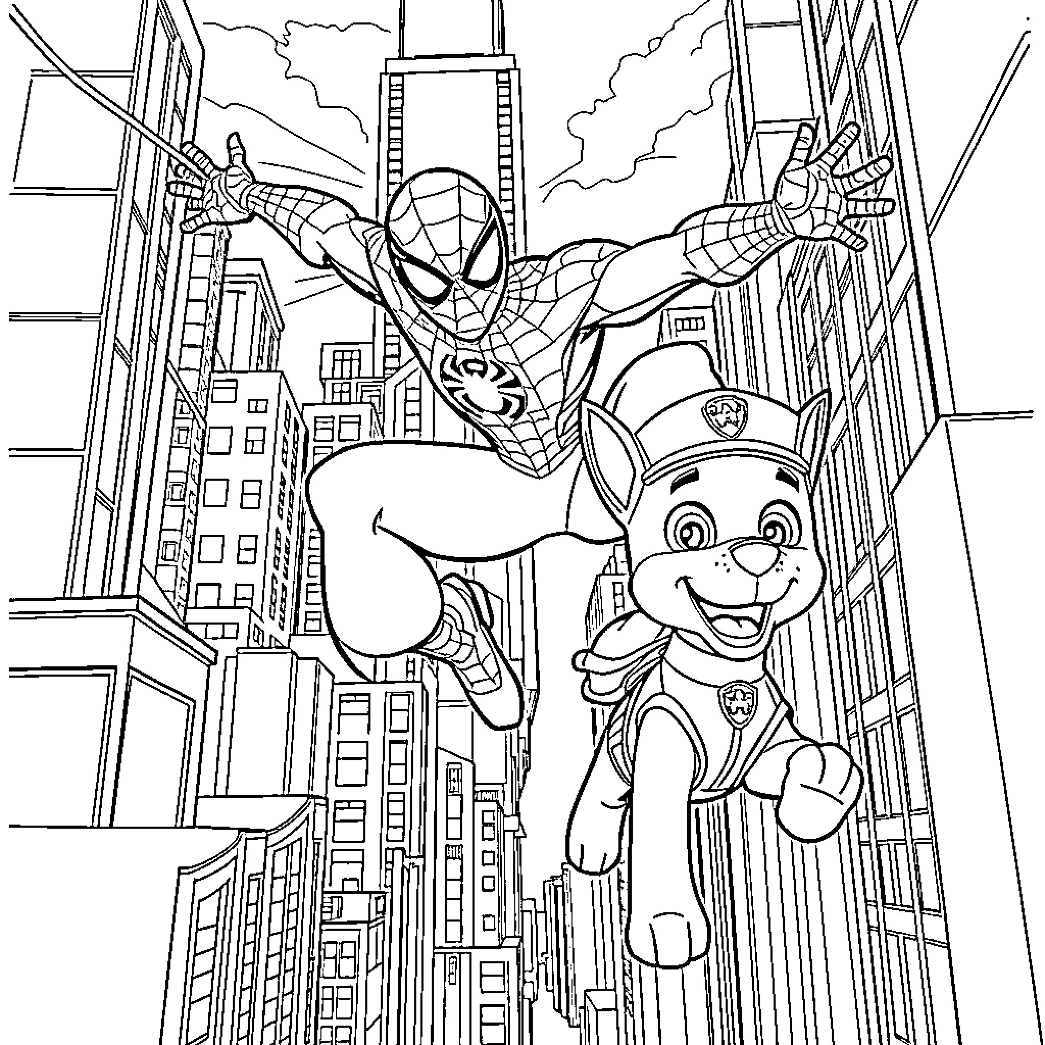 Spiderman swinging through the city with a friend Coloring Page (free black-and-white line drawing printable PDF for all, from beginners to advanced learners, including children, teens, adults, and seniors)