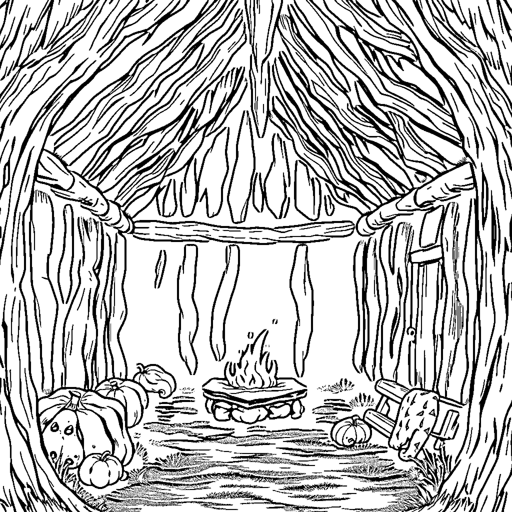 House in the Enchanted Forest Coloring Page (free black-and-white line drawing printable PDF for all, from beginners to advanced learners, including children, teens, adults, and seniors)