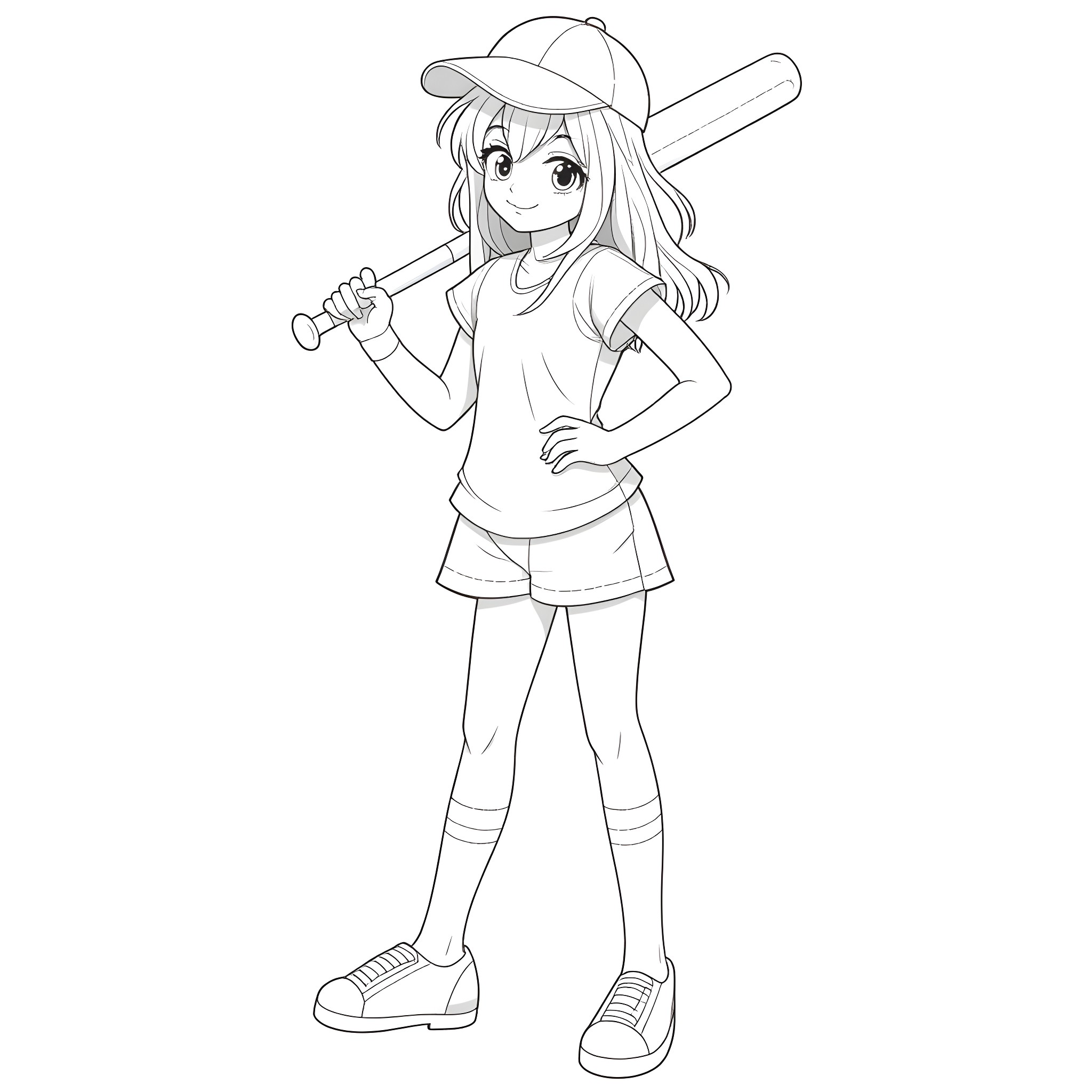 Emo Girl Playing Baseball Coloring Page (free black-and-white line drawing printable PDF for all, from beginners to advanced learners, including children, teens, adults, and seniors)