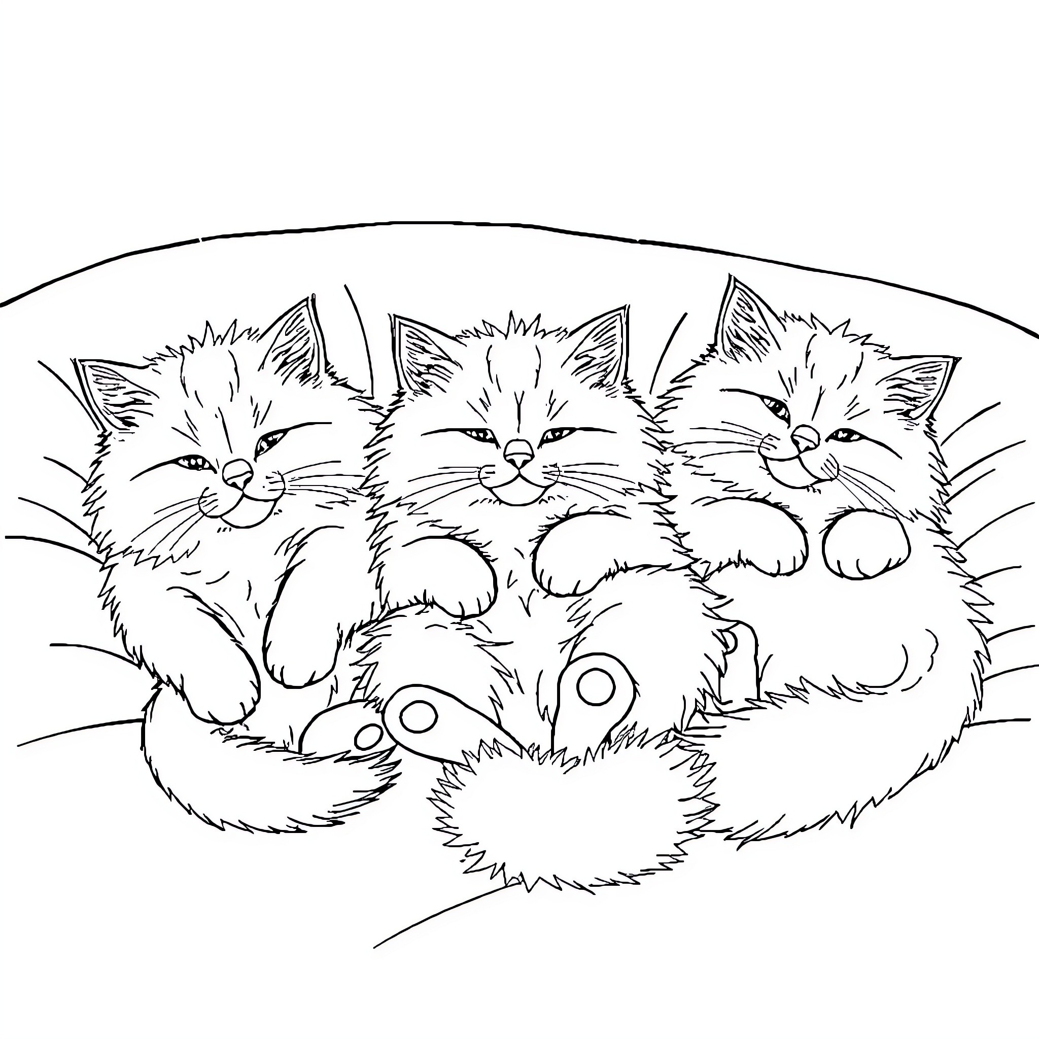 Cat Kittens Cuddling Happily Coloring Page (free black-and-white line drawing printable PDF for all, from beginners to advanced learners, including children, teens, adults, and seniors)