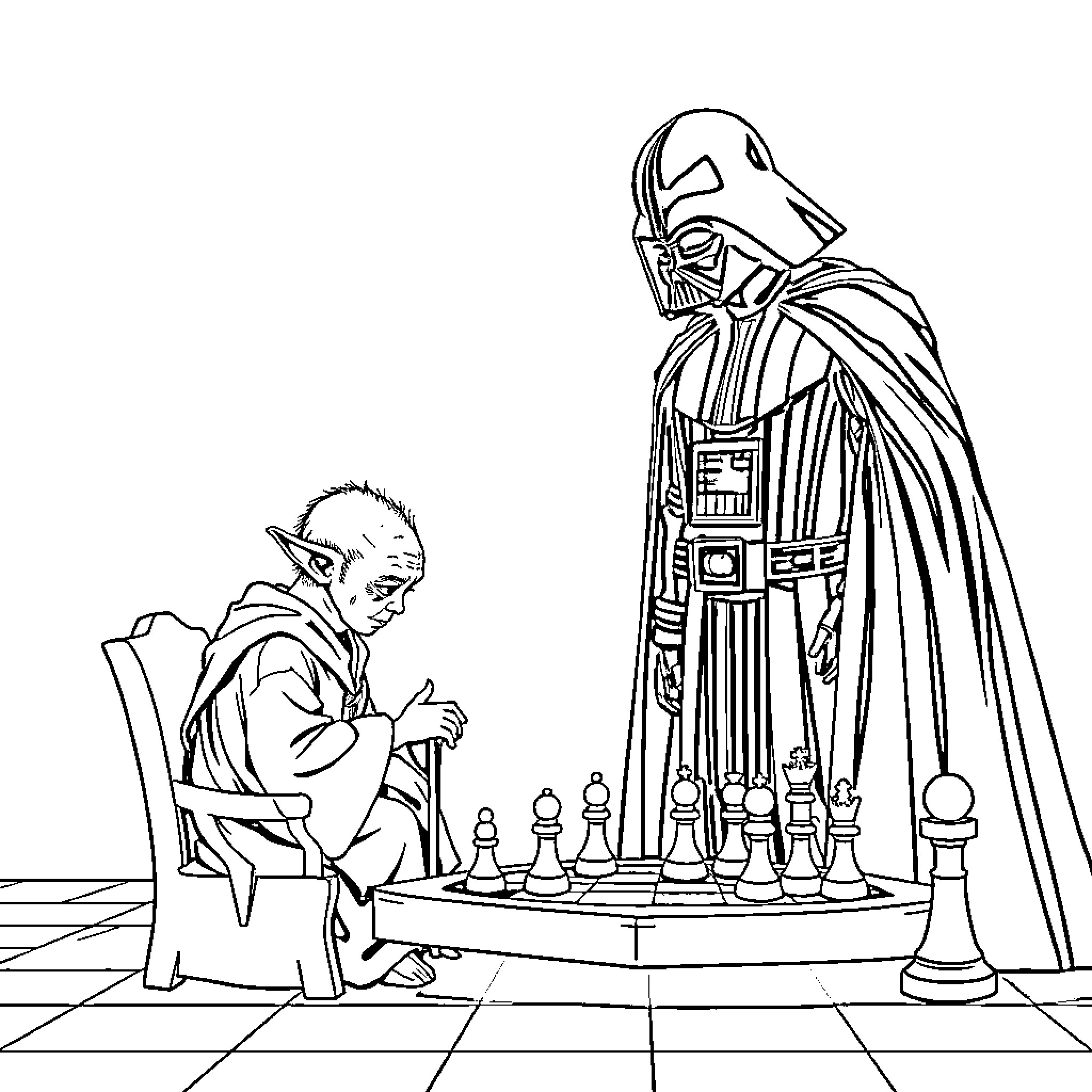Yoda playing chess with Darth Vader Coloring Page (free black-and-white line drawing printable PDF for all, from beginners to advanced learners, including children, teens, adults, and seniors)