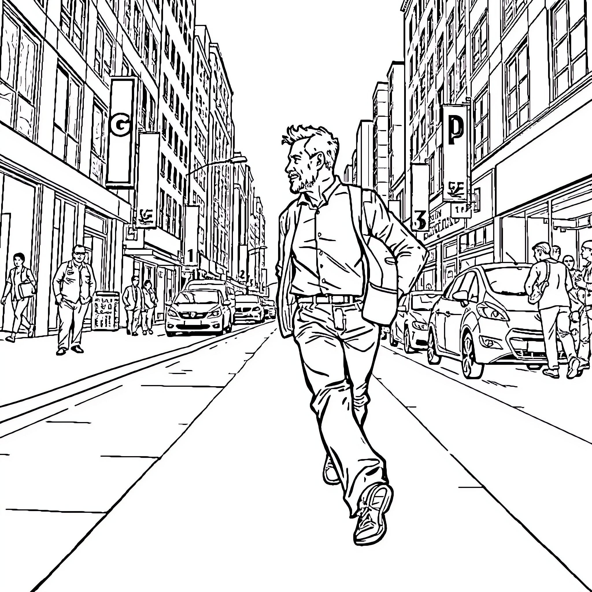 Man walking through busy city street Coloring Page (free black-and-white line drawing printable PDF for all, from beginners to advanced learners, including children, teens, adults, and seniors)