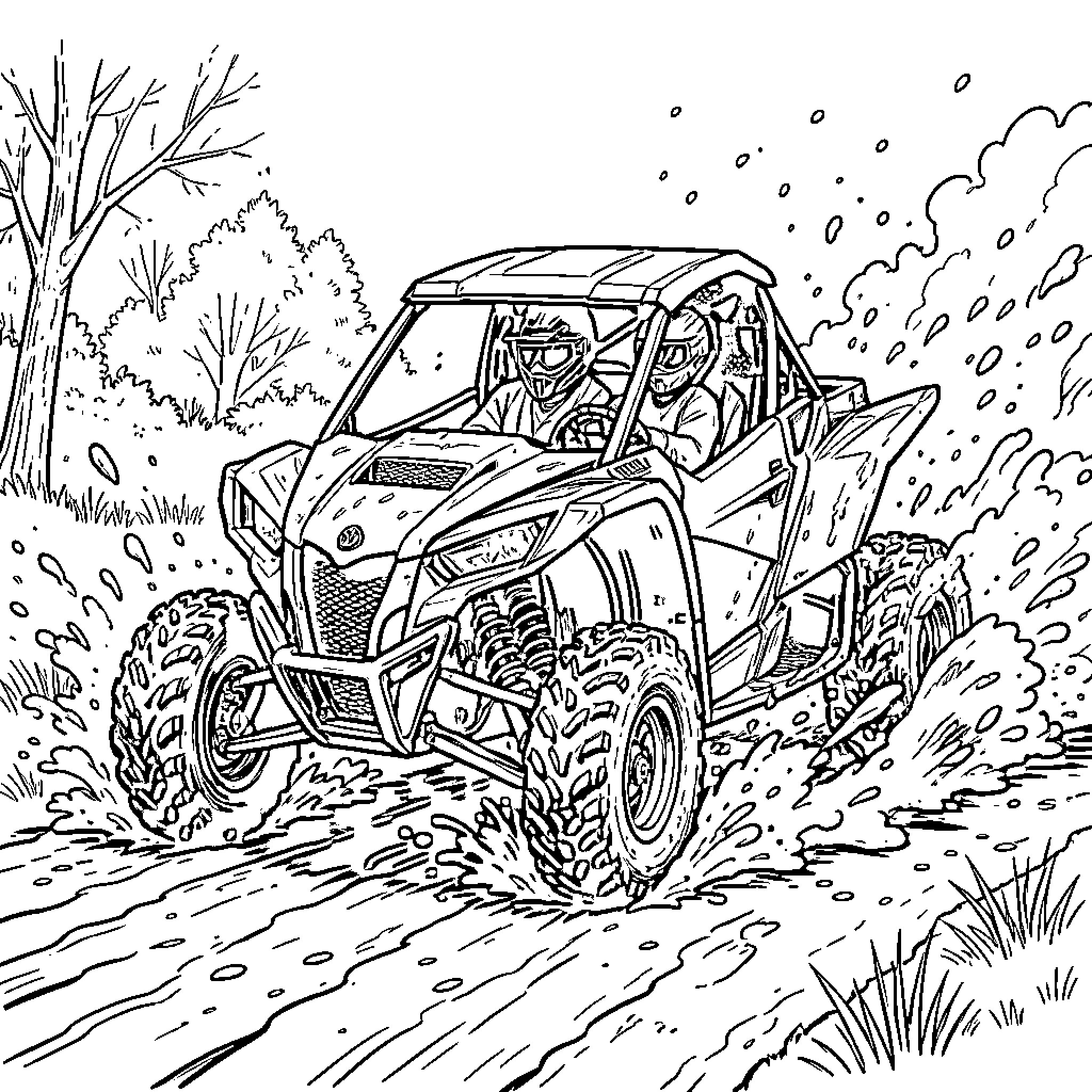 Yamaha YXZ driving through splashing water and mud Coloring Page (free black-and-white line drawing printable PDF for all, from beginners to advanced learners, including children, teens, adults, and seniors)
