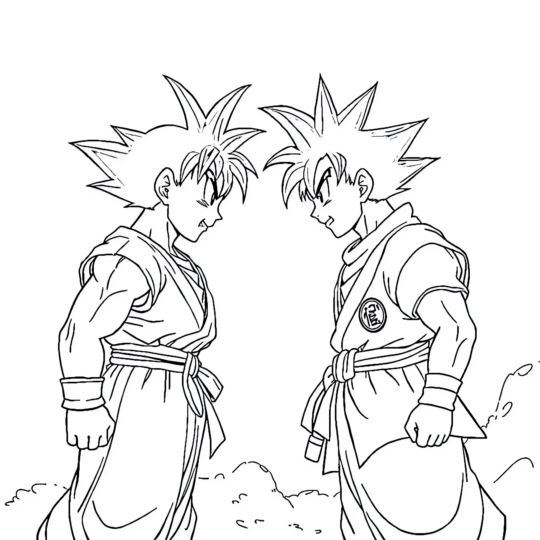 Gohan and friend engaged in intense discussion Coloring Page (free black-and-white line drawing printable PDF for all, from beginners to advanced learners, including children, teens, adults, and seniors)