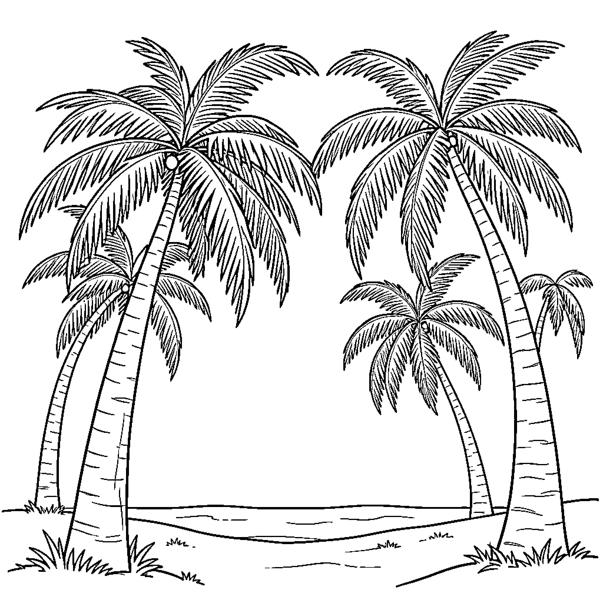Palm trees swaying in the tropical breeze Coloring Page (free black-and-white line drawing printable PDF for all, from beginners to advanced learners, including children, teens, adults, and seniors)