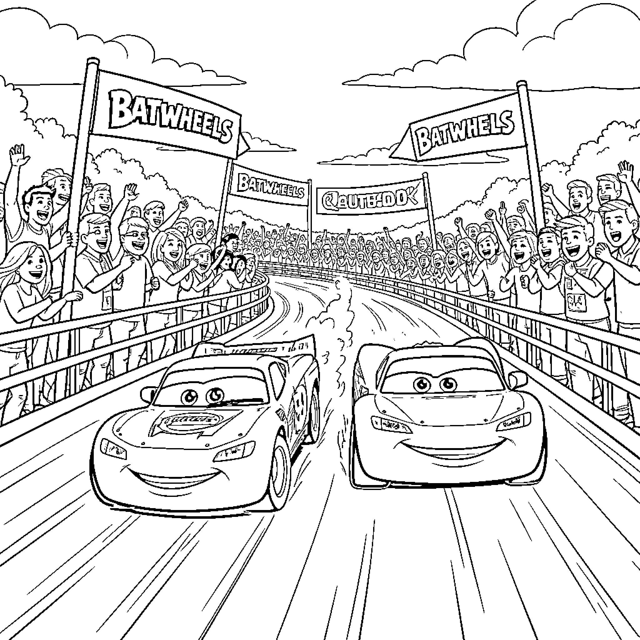 Car racing enthusiastically before a cheering crowd Coloring Page (free black-and-white line drawing printable PDF for all, from beginners to advanced learners, including children, teens, adults, and seniors)