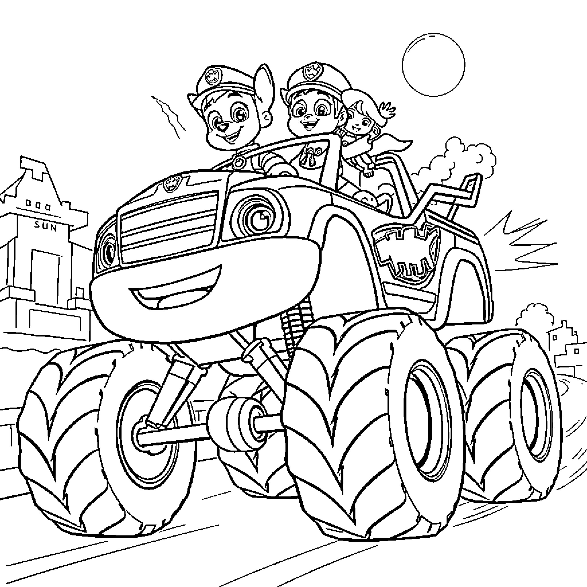 Paw Patrol Pups Riding a Monster Truck Coloring Page (free black-and-white line drawing printable PDF for all, from beginners to advanced learners, including children, teens, adults, and seniors)