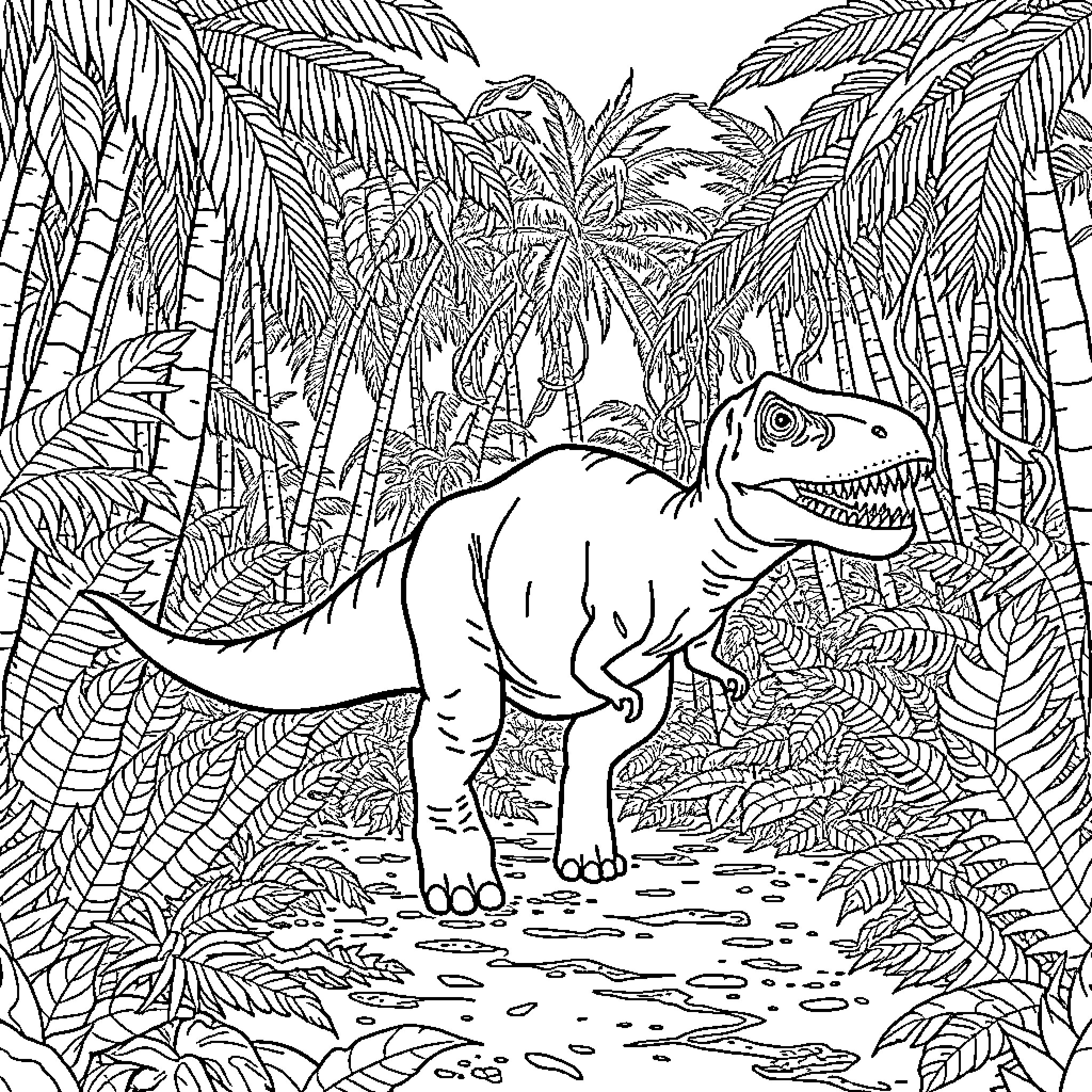 T-Rex Roaming Through the Lush Jungle Coloring Page (free black-and-white line drawing printable PDF for all, from beginners to advanced learners, including children, teens, adults, and seniors)