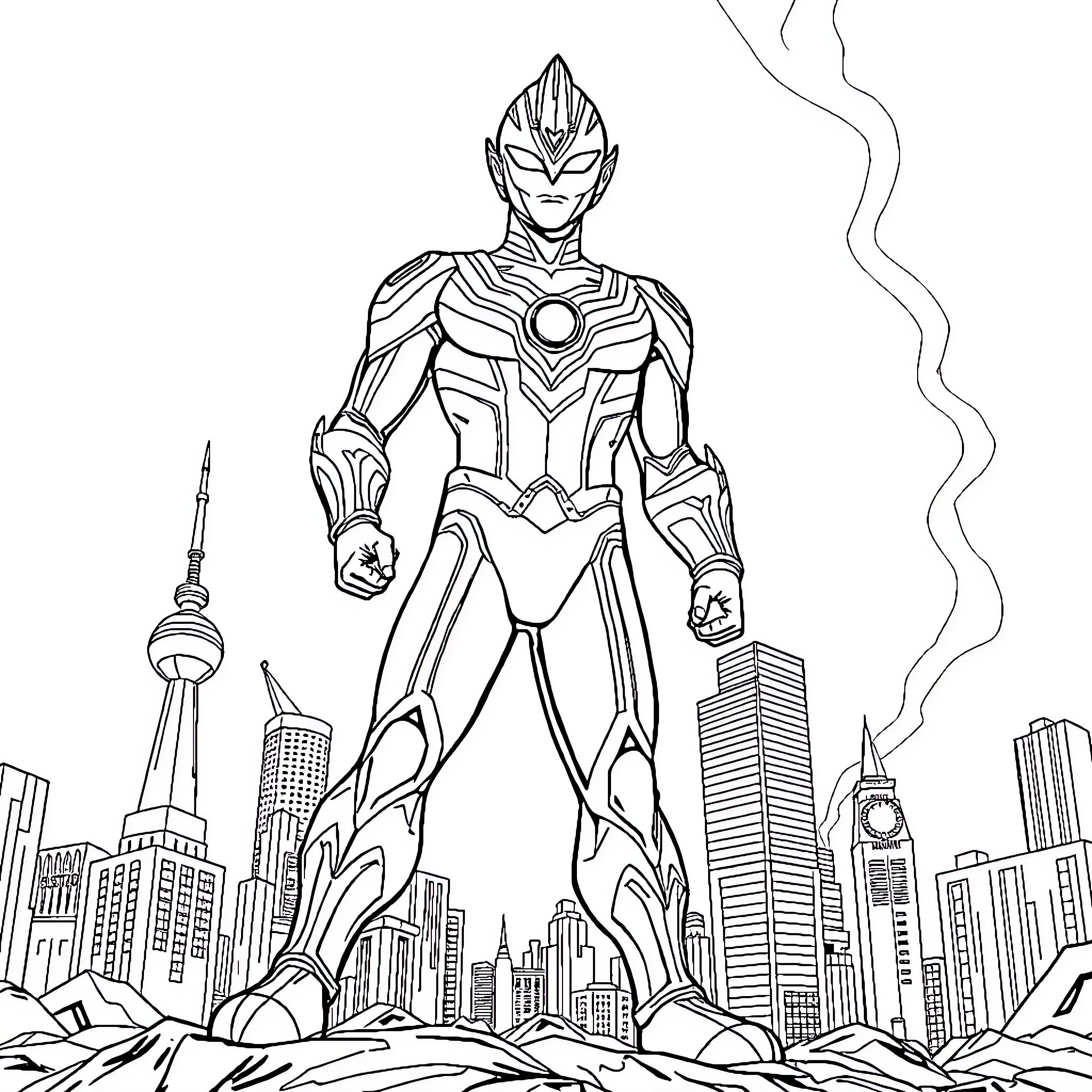 Ultraman heroically defending the city Coloring Page (free black-and-white line drawing printable PDF for all, from beginners to advanced learners, including children, teens, adults, and seniors)