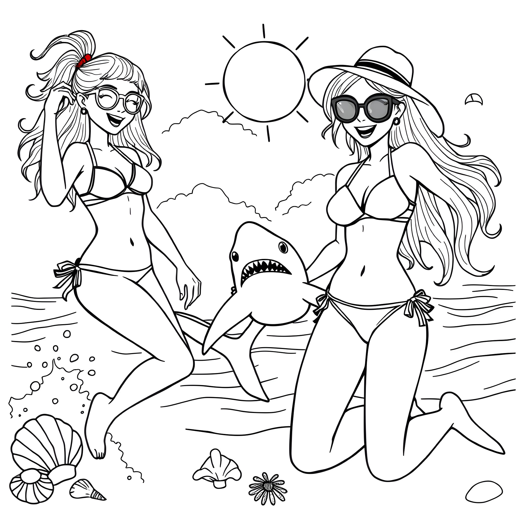 Girls enjoying a sunny day at the beach Coloring Page (free black-and-white line drawing printable PDF for all, from beginners to advanced learners, including children, teens, adults, and seniors)