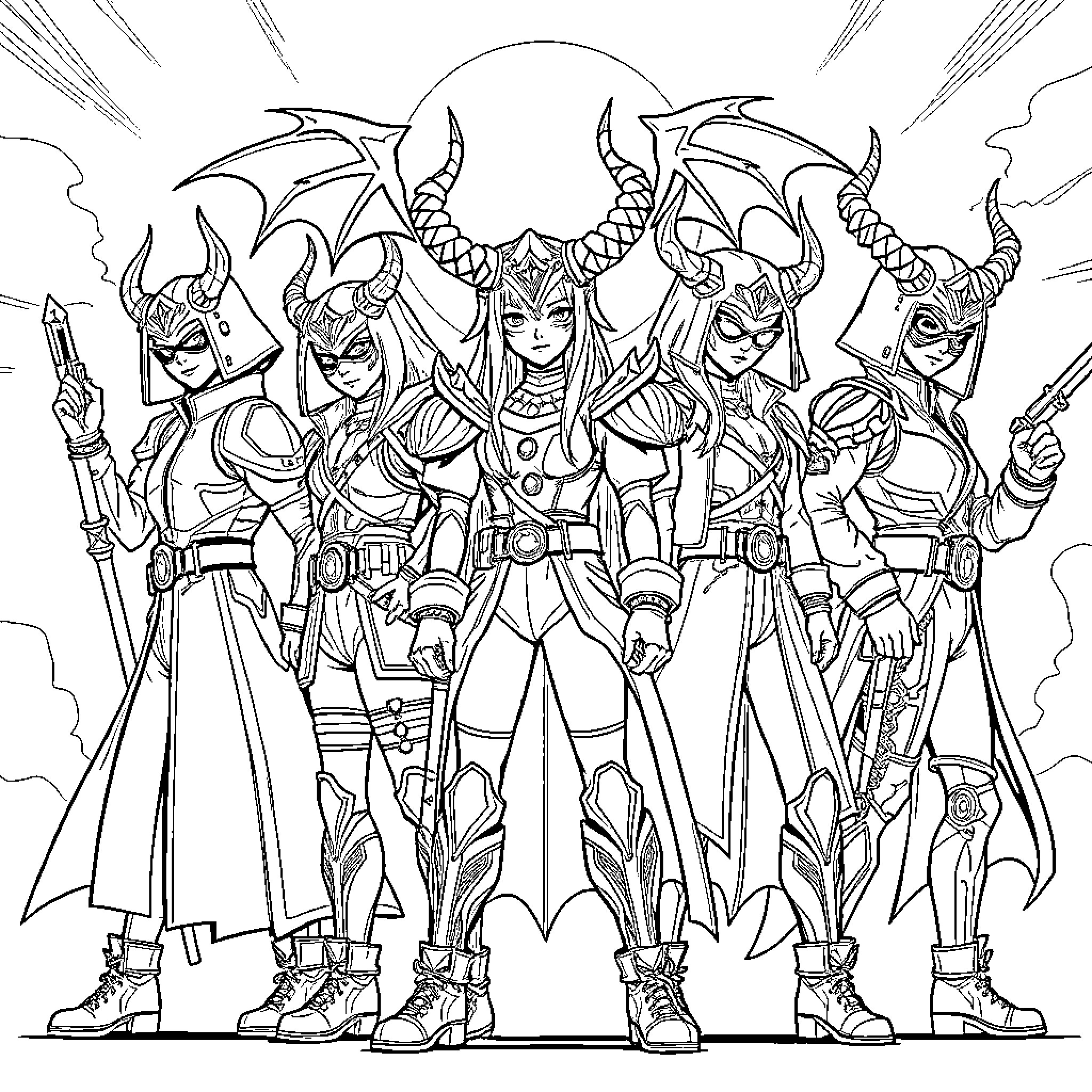Kpop Demon Hunter Squad in Heroic Pose Coloring Page (free black-and-white line drawing printable PDF for all, from beginners to advanced learners, including children, teens, adults, and seniors)