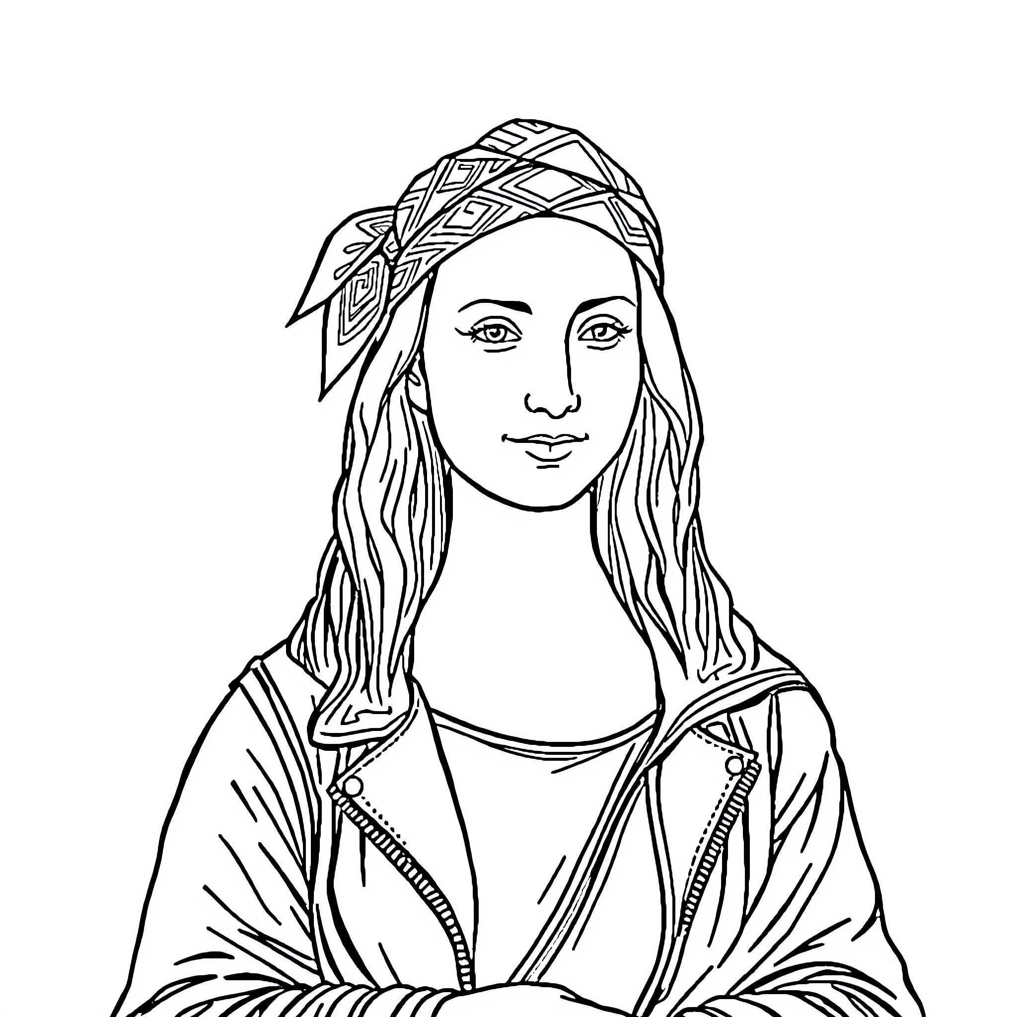 Mona Lisa in patterned headpiece and flowing robes Coloring Page (free black-and-white line drawing printable PDF for all, from beginners to advanced learners, including children, teens, adults, and seniors)
