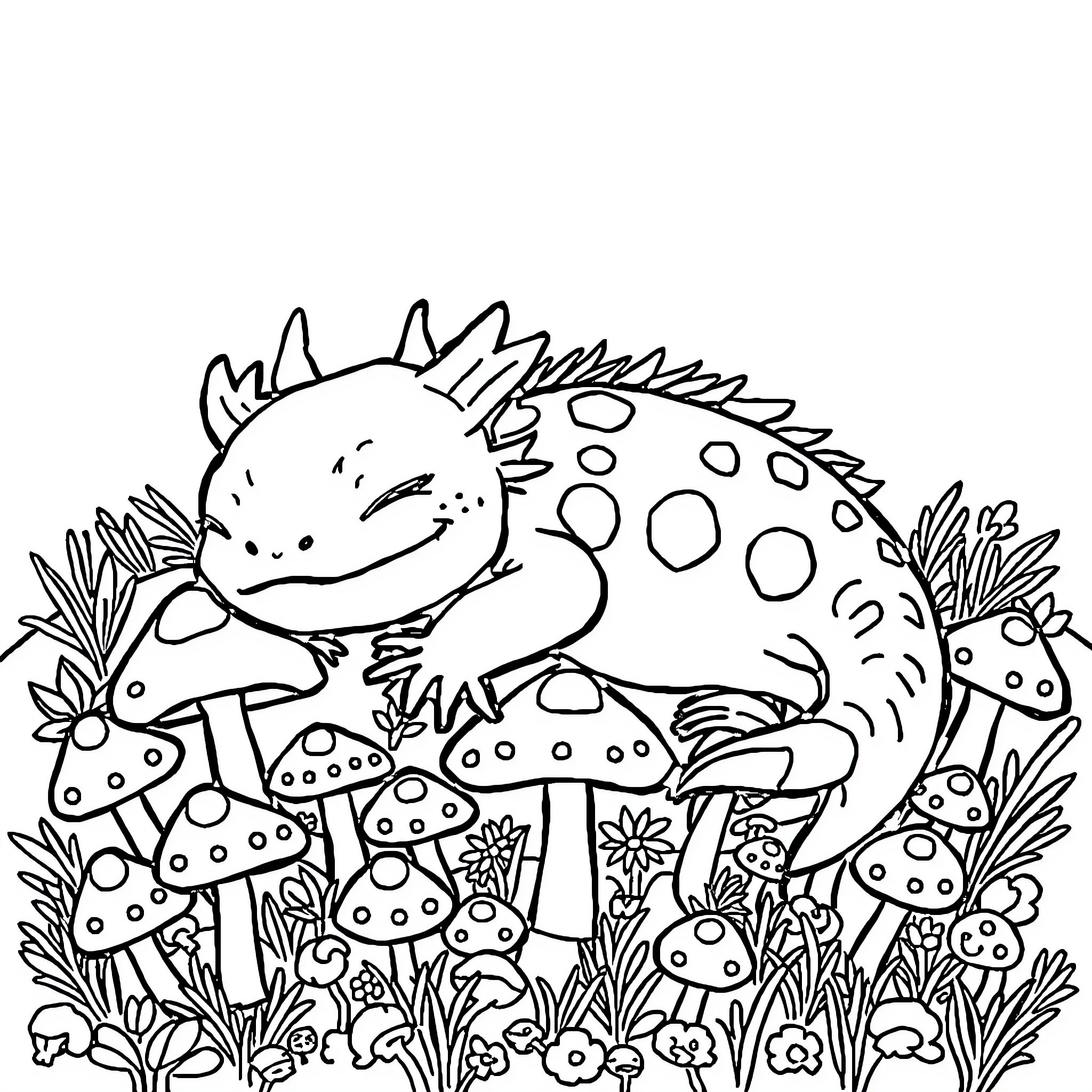 Axolotl exploring the whimsical mushroom forest Coloring Page (free black-and-white line drawing printable PDF for all, from beginners to advanced learners, including children, teens, adults, and seniors)