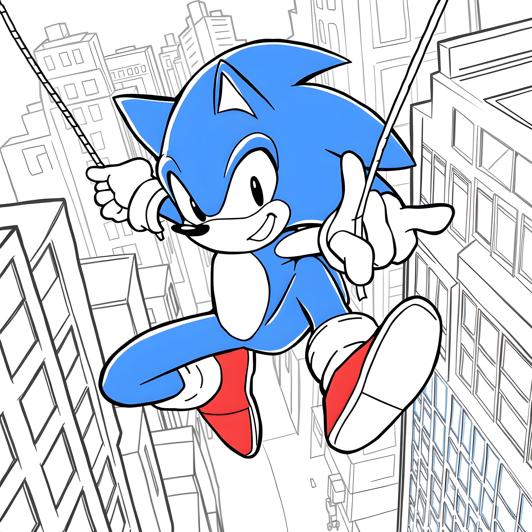 Spider-Man Sonic the Hedgehog swinging through the city Coloring Page (free black-and-white line drawing printable PDF for all, from beginners to advanced learners, including children, teens, adults, and seniors)