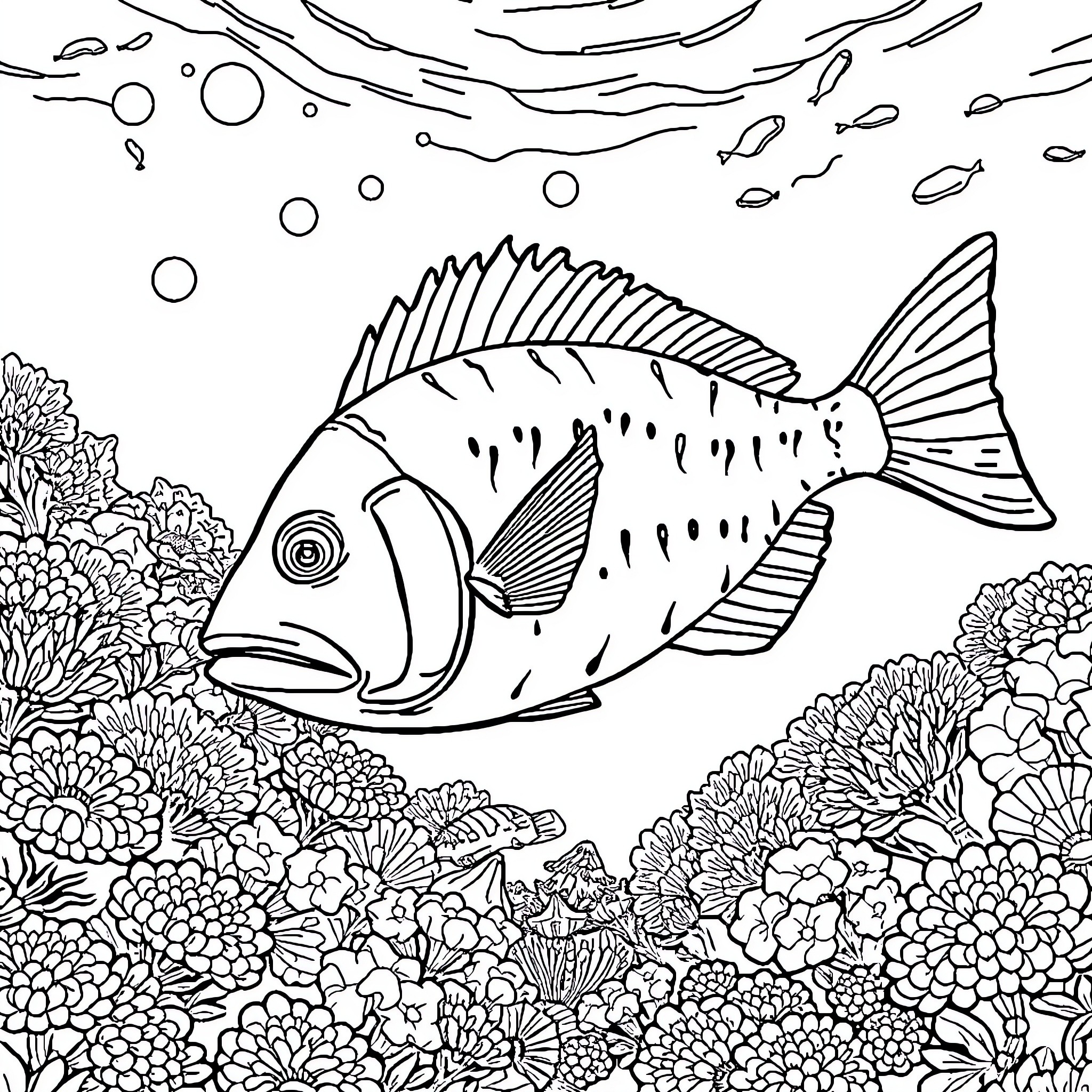 Grouper swimming among vibrant coral reef Coloring Page (free black-and-white line drawing printable PDF for all, from beginners to advanced learners, including children, teens, adults, and seniors)
